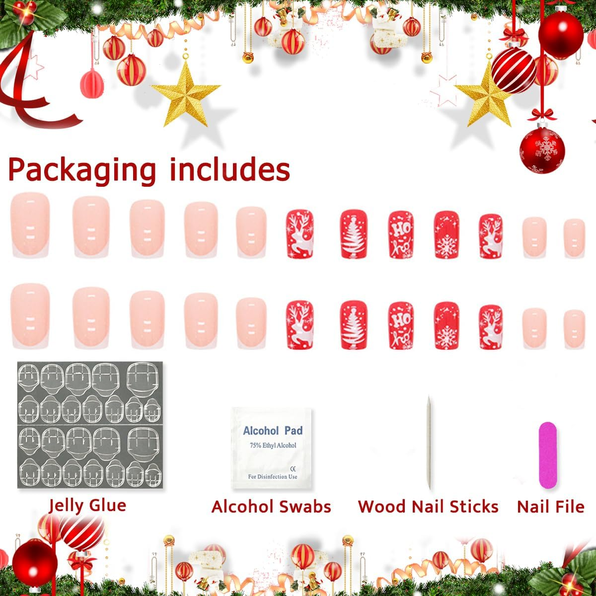 Folmywy Christmas False Nails 24Pcs Artificial Nails Fake Fingernails Press on Nails Full Cover Nails for Women Girls Christmas DIY Glossy Red Reindeer Nail Art Decor