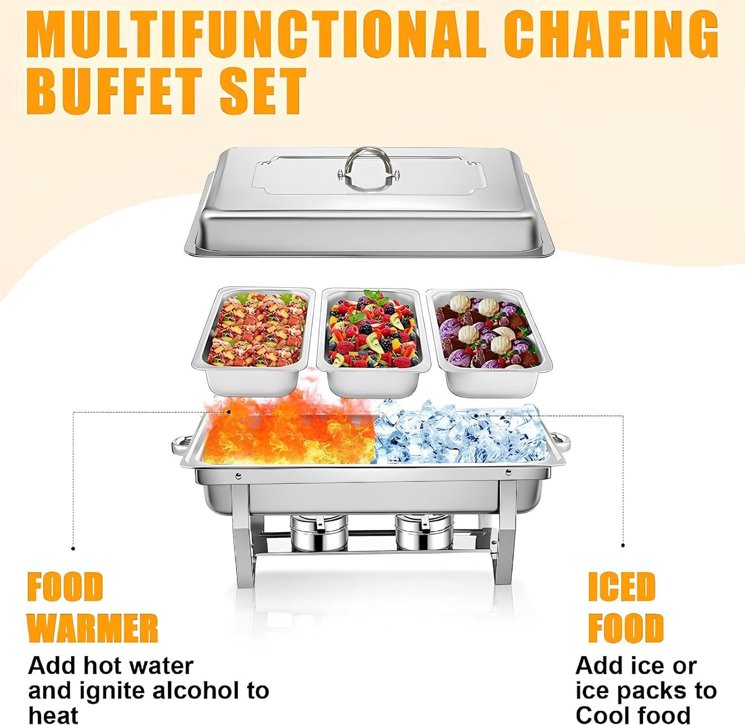2PACK 11L Chafing Dish Buffet Food Warmer Pan Set with Cover Stand, Stainless Steel Catering Chafer Warmer Set with Trays, Lid, Fuel Holder, for Kitchen Party Banquet Dining (3X3L Food Pan) image number 3