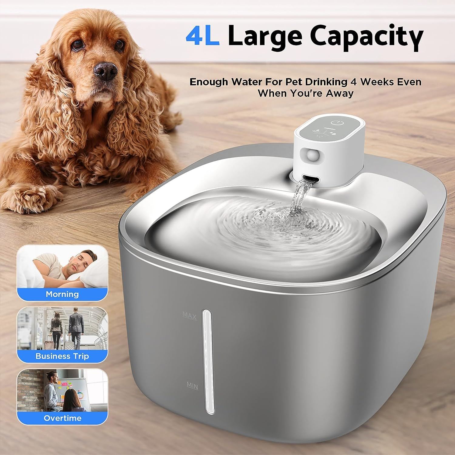 Advwin Cat Water Fountain Battery Operated, Automatic 4L Stainless Steel Pet Water Fountain for Cats Dogs with Motion Sensor, Wireless Ultra Quiet Cat Drinking Fountain image number 3