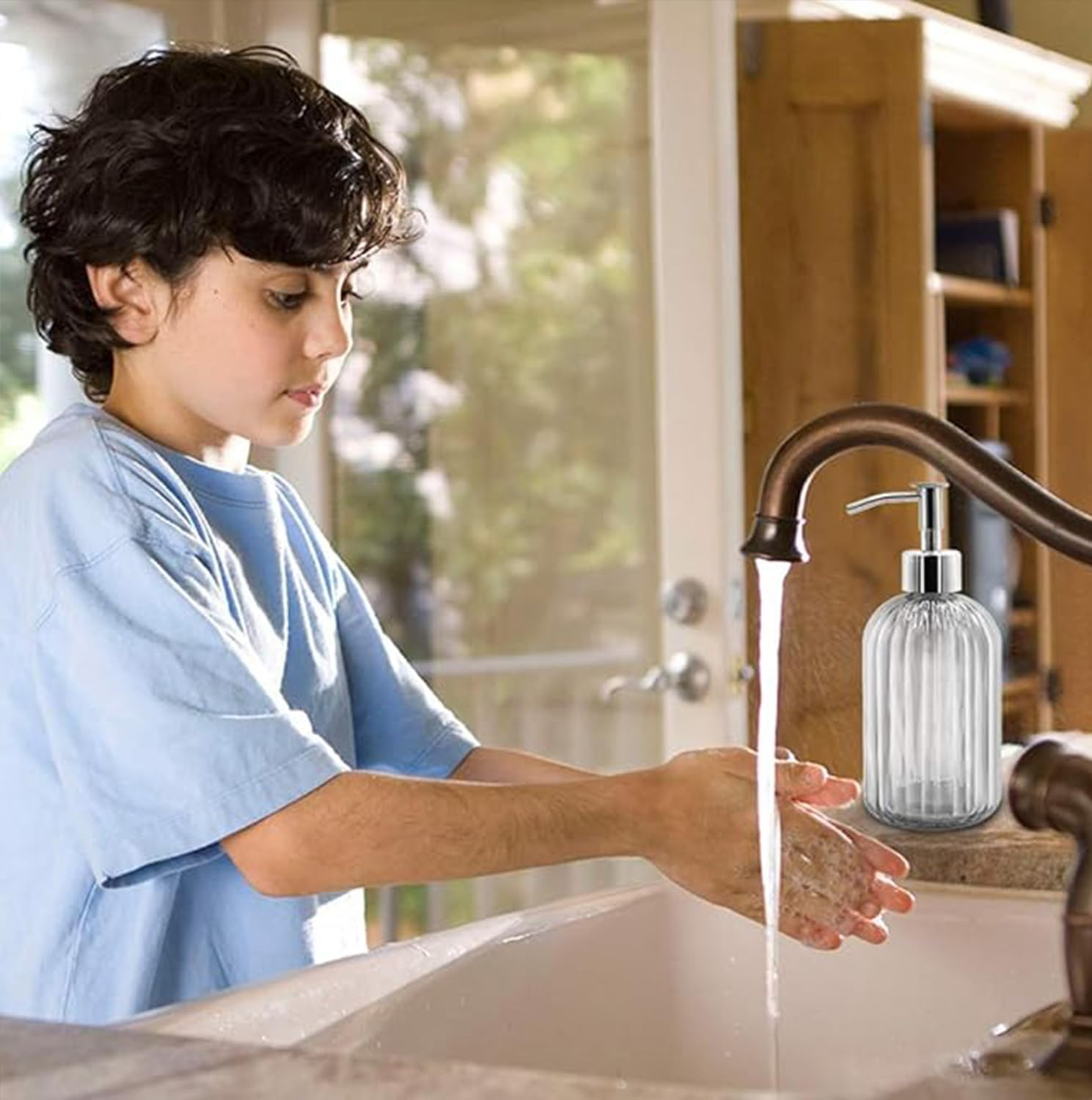 Clear Glass Soap Dispenser (2 Pack 400ML) Refillable Hand Soap Dispenser Vertical - Stripe Bathroom & Kitchen Dispensing Containers (Pink) image number 2