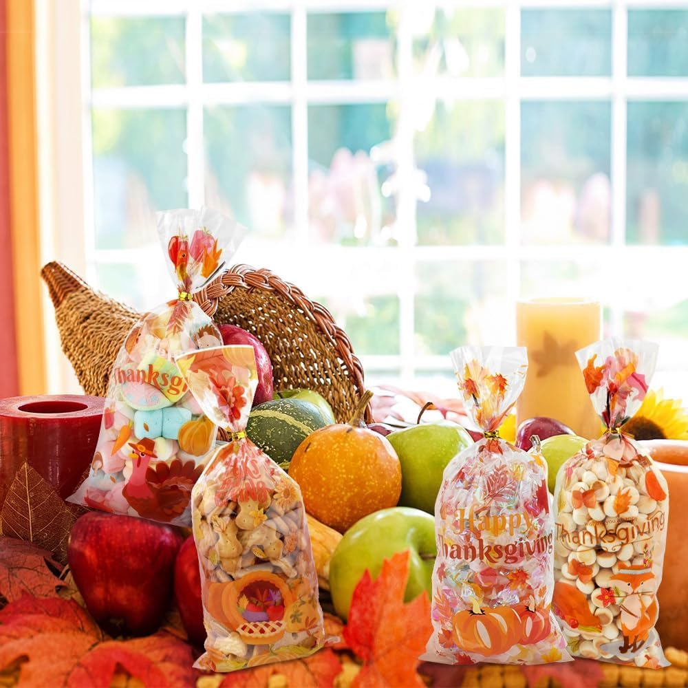 Thanksgiving Treat Bags 100 Pack - Fall Cellophane Goodie Bags with Maple Leaves Pumpkin Design - Candy Gift Bags with Twist Ties for Autumn Party Favor Supplies Decoration image number 4