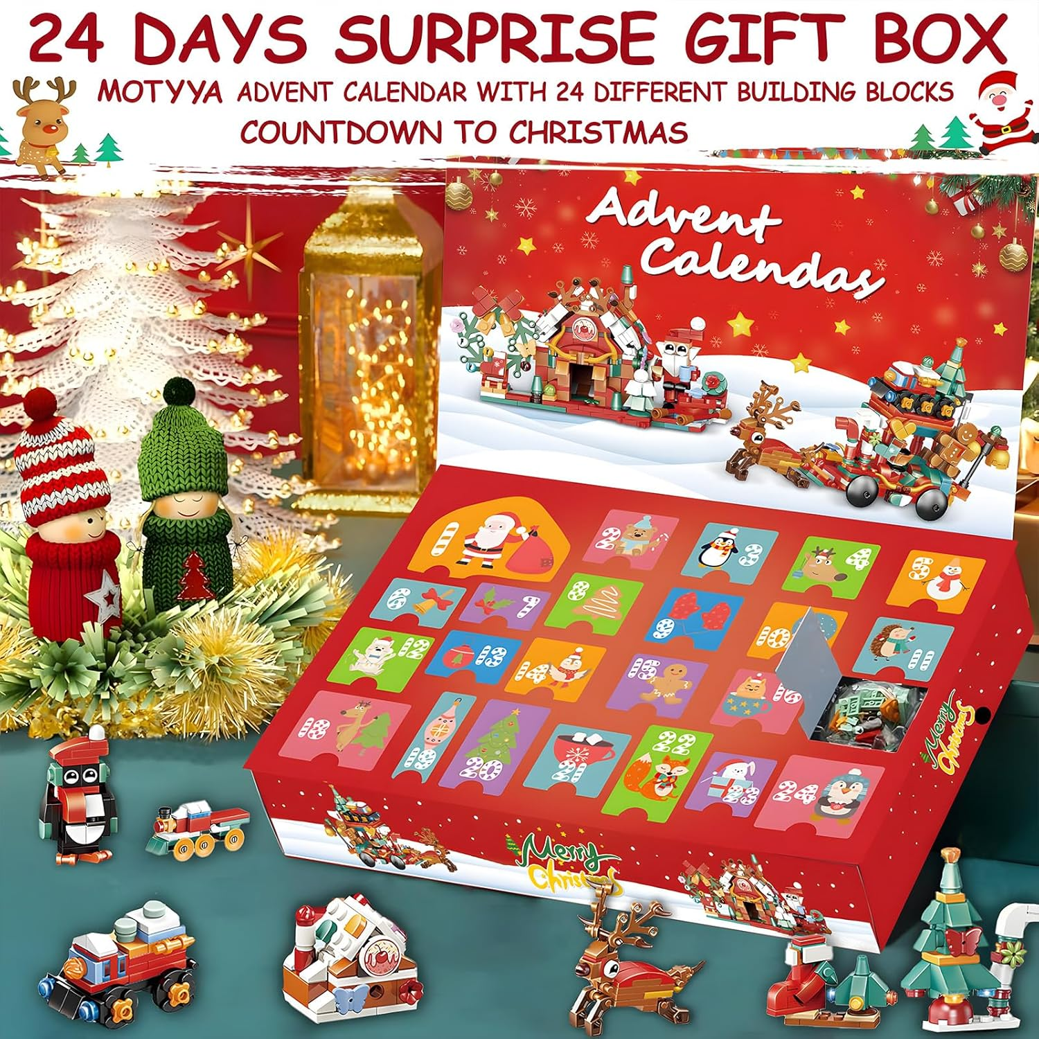 Christmas Building Blocks Advent Calendar 2025, Christmas Reindeer Sleigh Building Set 24 Days Surprises Advent Countdown Gift Box for Kids 6-12 Year, Xmas Santa Elk Sleigh Block STEM Toys Age 6+