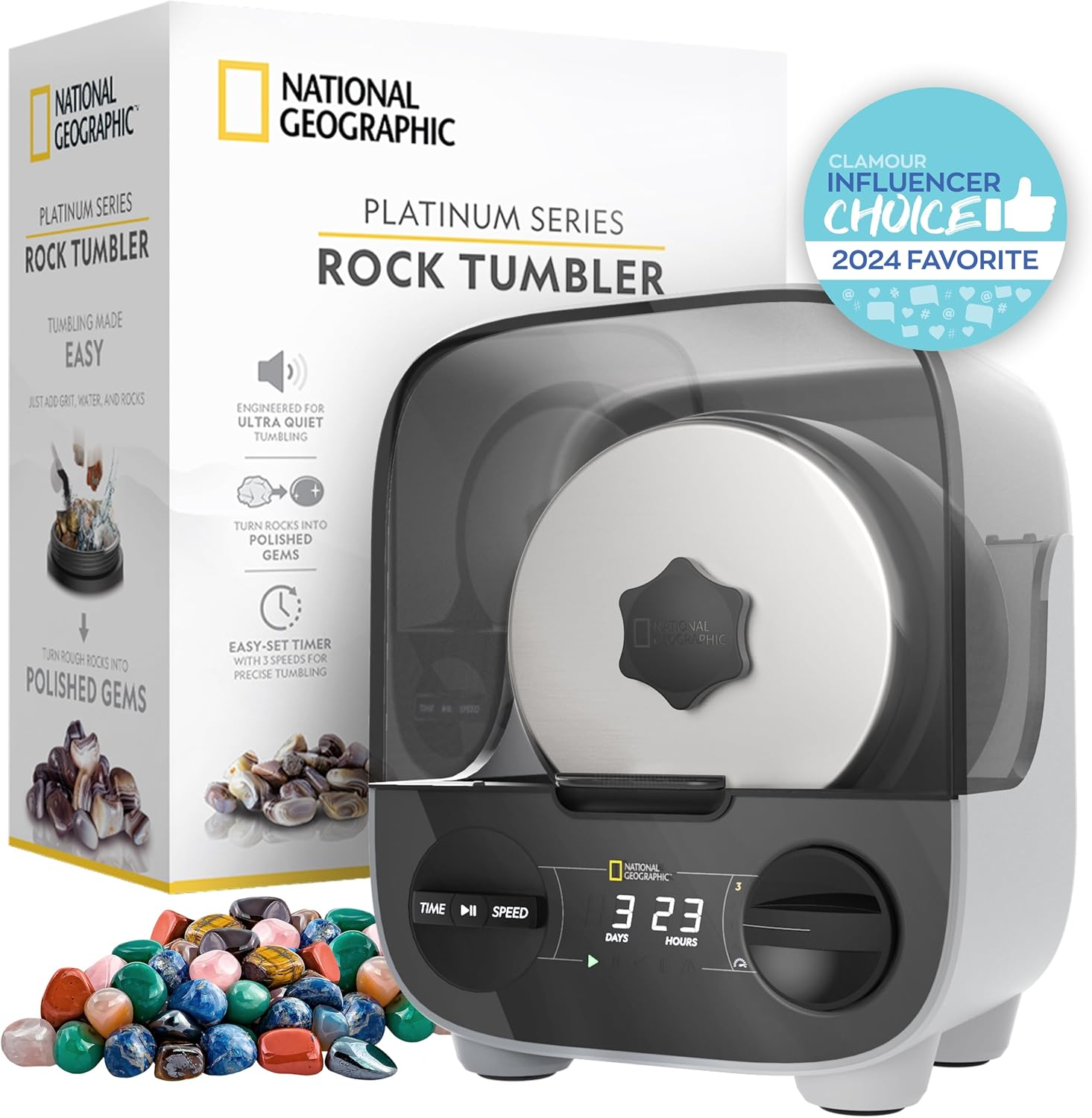 National Geographic Professional Rock Tumbling Kit - Patent-Pending Rock Polisher for Kids & Adults, Platinum Series Ultra Quiet, 2 Lb. Barrel, Rocks, Grit, Gemfoam Polisher, Rock Tumblers for Adults image number 2