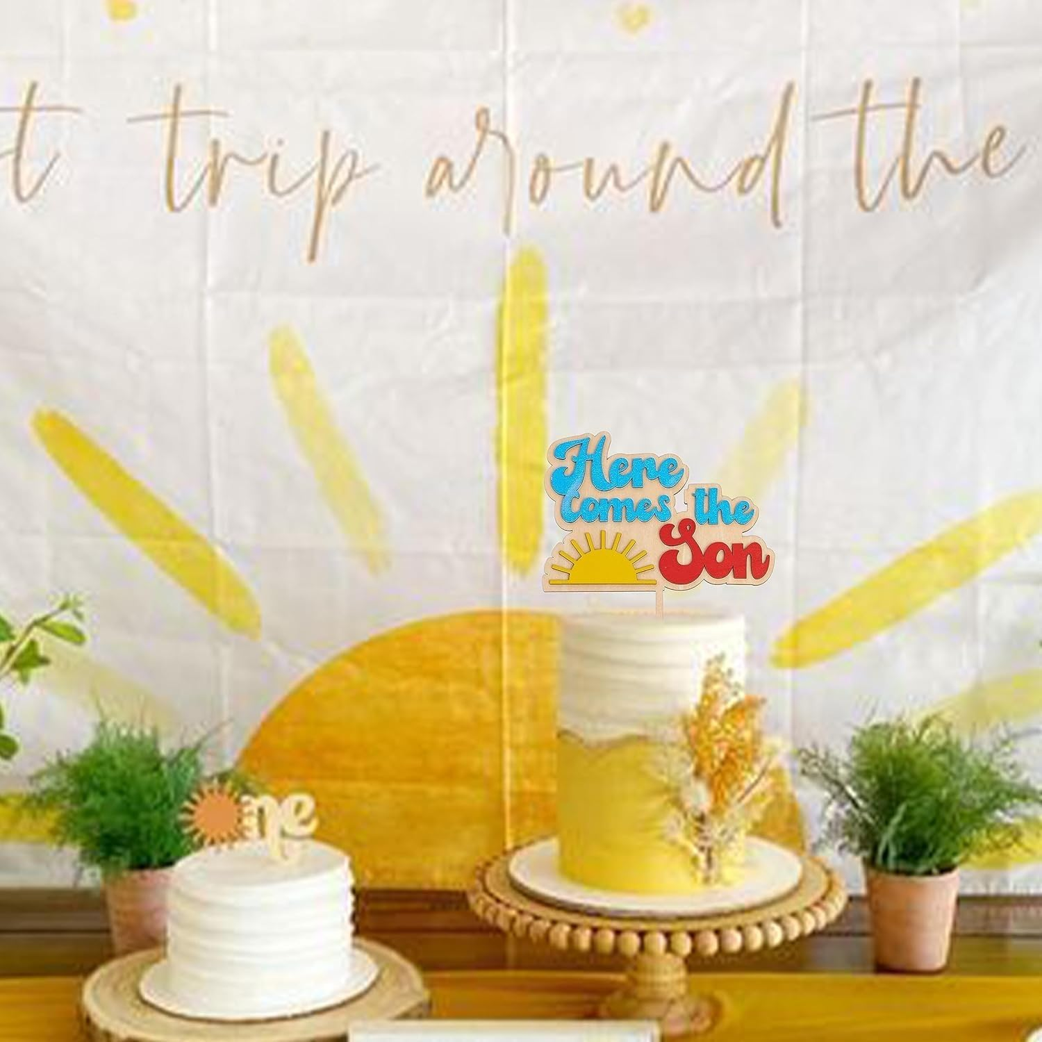 Colorful Baby Birthday Cake Topper -&ldquo;Here Comes the Son&rdquo; Sun Wooden Cake Decorations，Becomes Birthday the Focus of Cake Decoration, Suitable for Boy Birthday Party, Baby Baptism Decoration image number 1