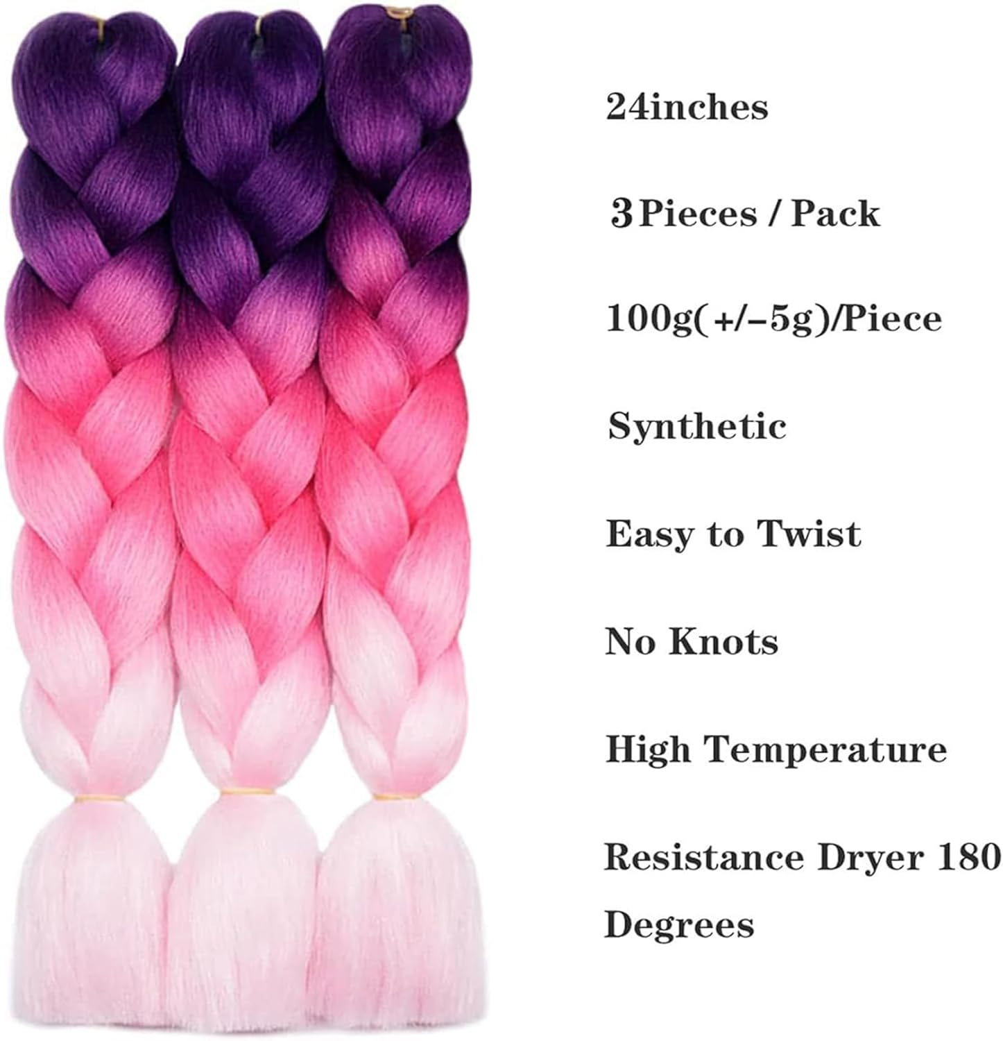 Jumbo Braiding Hair Extensions,24Inch/60Cm 3 Packs High Temperature Fiber Crochet Twist Braids Crochet Braiding Hair Purple/Rose Red/Pink(C6) - A1 image number 7