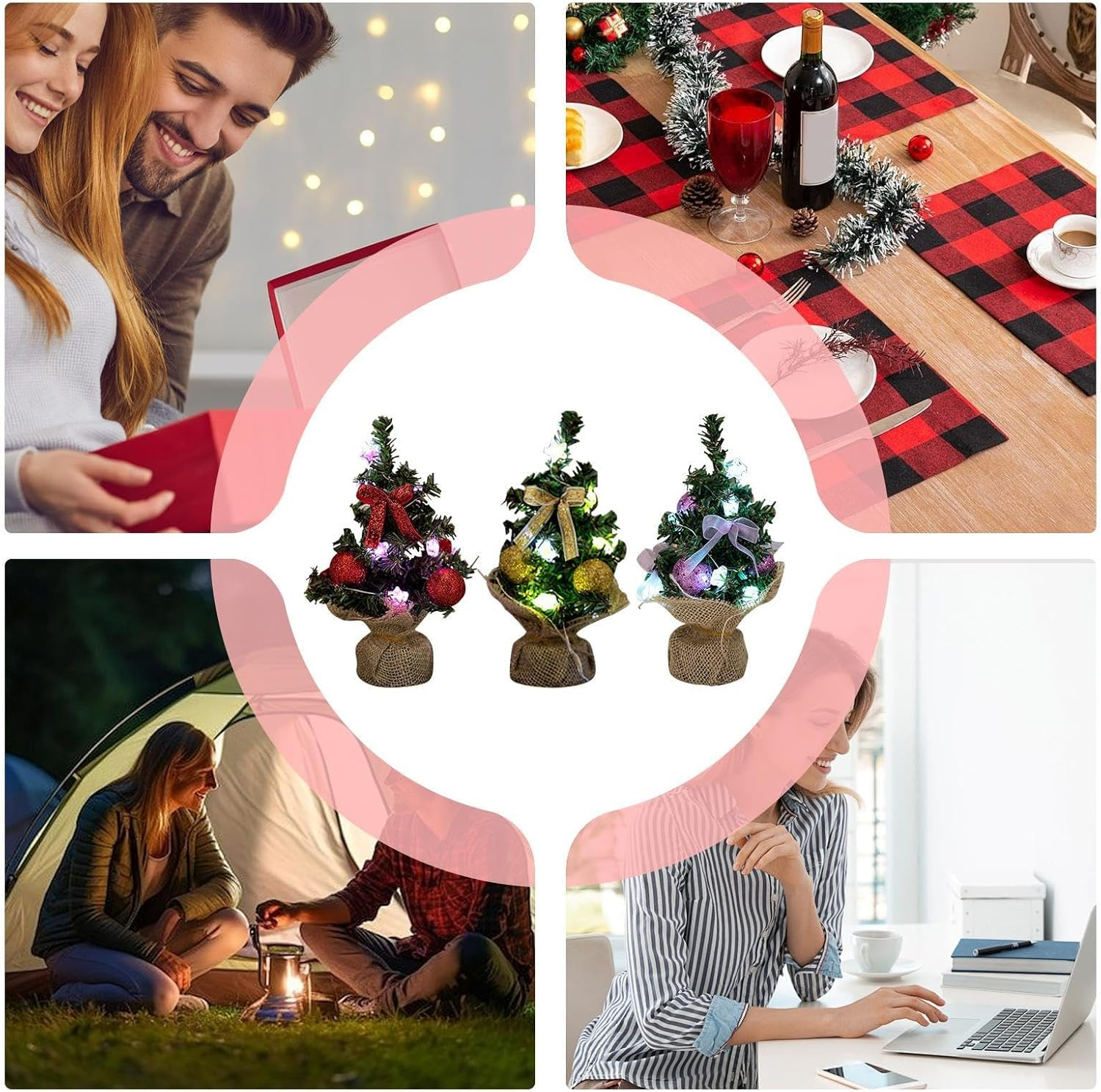 Table Top Lighted Christmas Tree | 3X Green Tabletop Christmas Tree | Burlap Base Design Small Artificial Festival Lights for Dining Room image number 1