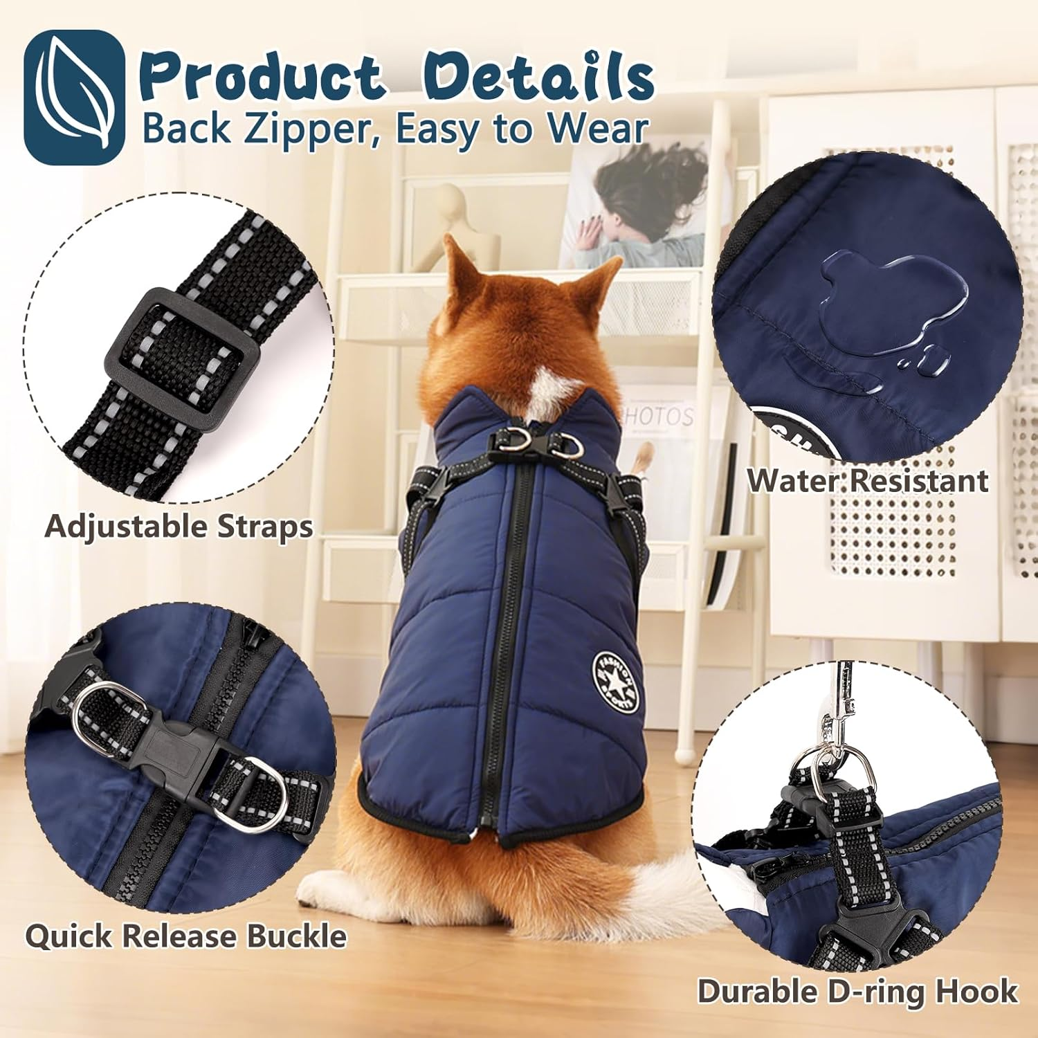 Reflective Padded Dog Jacket with Built-In Harness, Water-Resistant Winter Dog Coat with D-Ring Leash & Fur-Safe Zipper, Warm Windproof Coats for Small Dogs and Kittens (Blue, M) image number 3