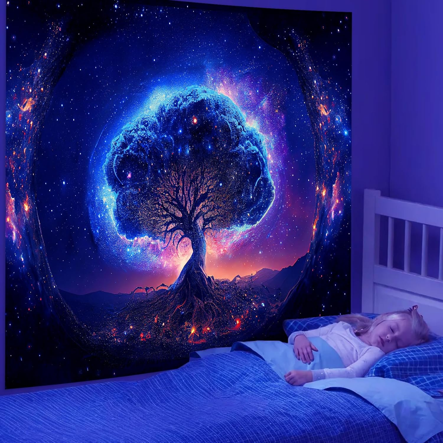 Blacklight Tree and Space Tapestry for Bedroom, Aesthetic Cool Black Light Tree of Life Tapestries for Girl, Fantasy Stars Galaxy Wall Hanging for Living Room Teen Dorm Decor (51" X 60") image number 4