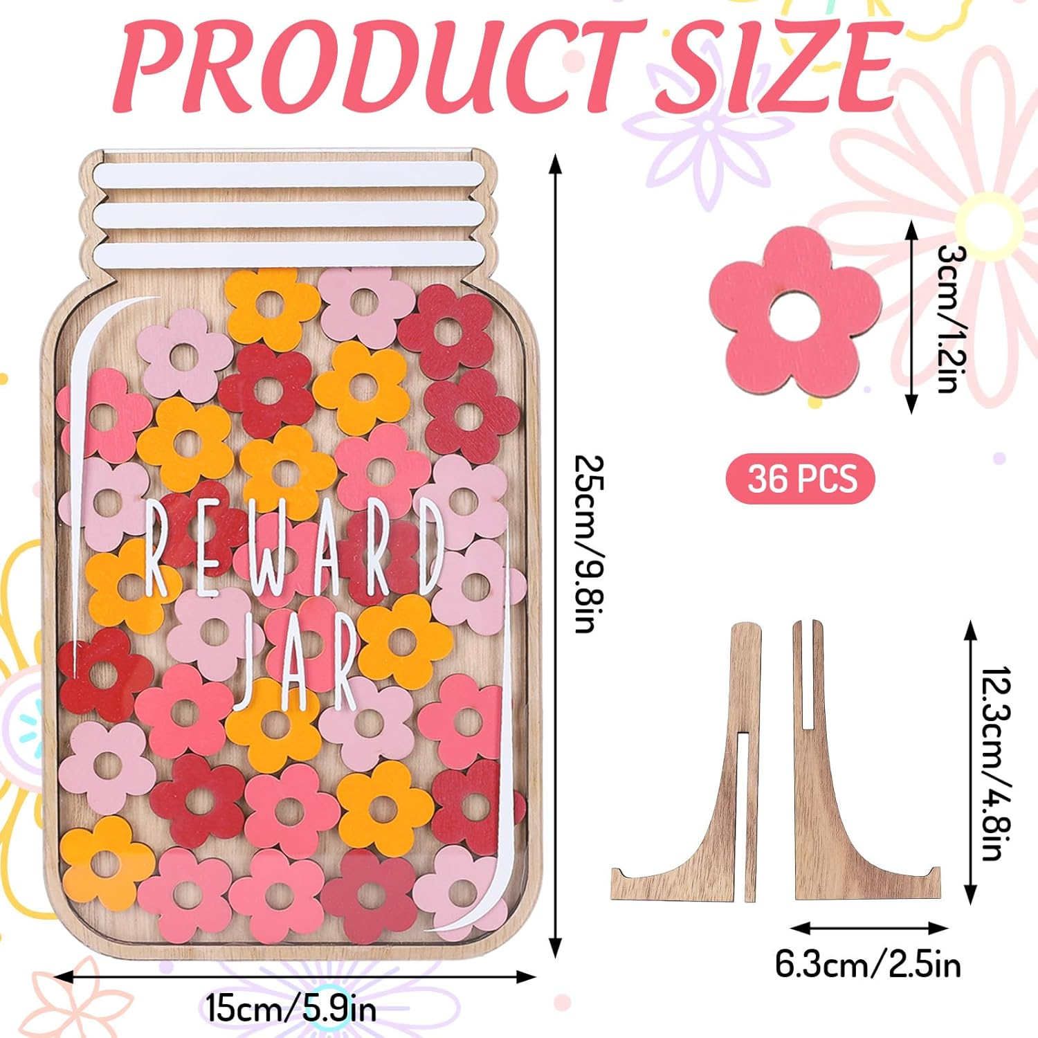 Jarthenaamcs Wooden Reward Jar for Kids Daisy Flower Cutouts Positive Incentive Behavior Chart with Base Management Tools Decoration Reward System for Student Teacher School Classroom Supplies, 38Pcs image number 1