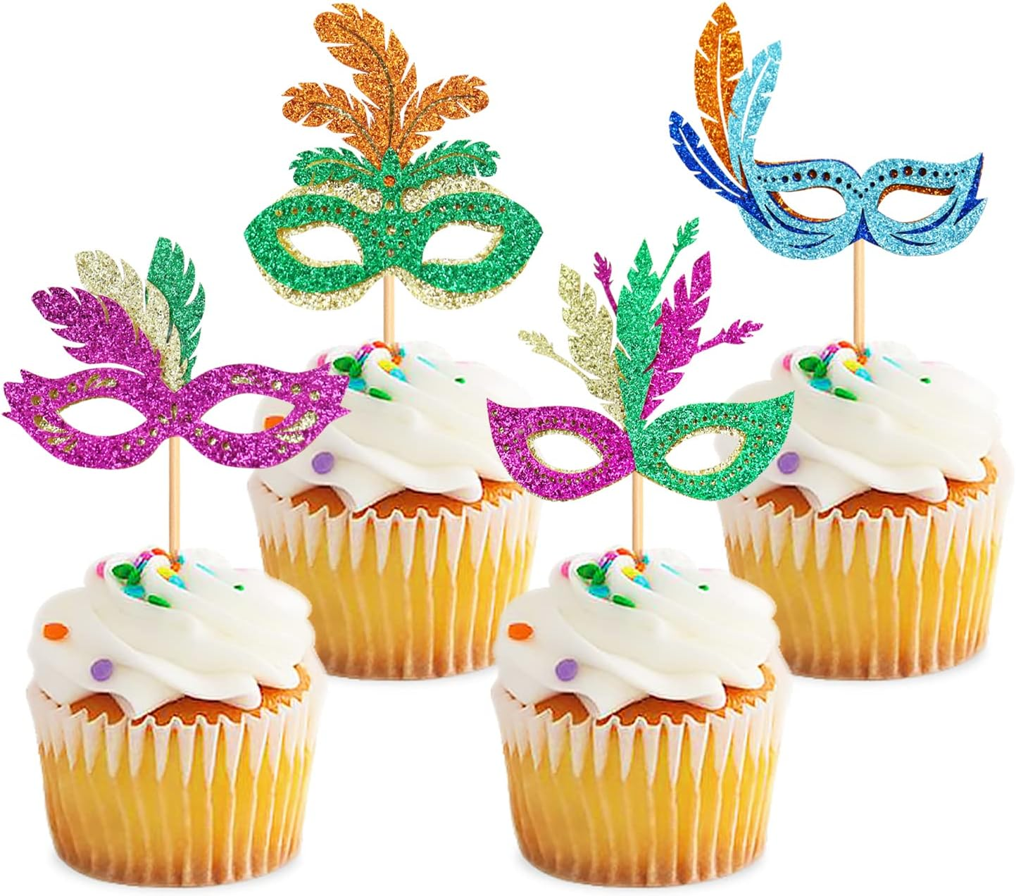 24PCS Masquerade Masks Cupcake Topper Mardi Gras Bachelorette Mask Cupcake Toppers Masquerade Mardi Gras Baby Shower Birthday Party Decorations Supplies 2 image number 3