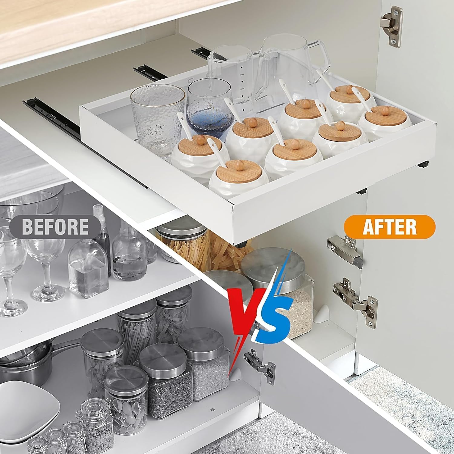 2 Pack Pull Out Cabinet Organizer, Expandable(31 to 52Cm W) Pull Out Drawers for Cabinets Fixed with Adhesive Film, Adjustable Peel Stick Slide Out Drawers for Kitchen Pantry Bathroom-53Cm Deep image number 1