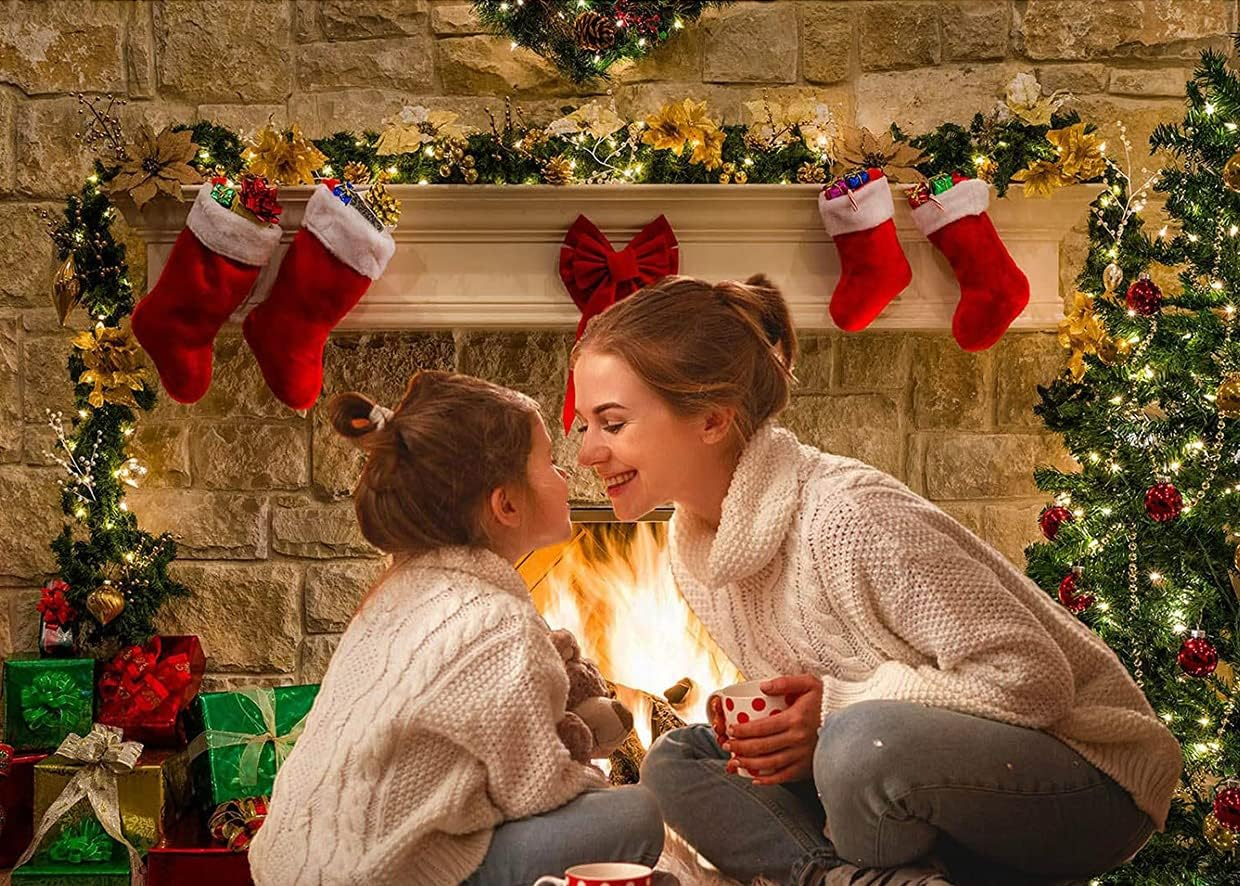 LYWYGG 8X8Ft Christmas Fireplace Backdrop Christmas Backdrop Christmas Trees Backdrop Christmas Dinner Backdrop Cloth Family Party Decorations Eve Fireplace Photography Background CP-282 image number 3