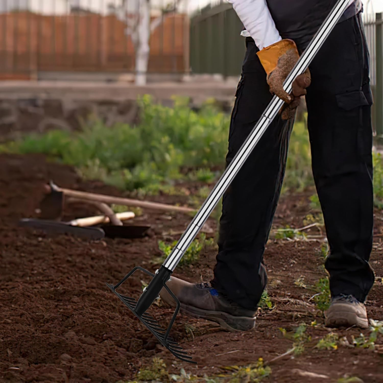 15 Inch Wide Heavy Duty Bow Rake, 16 Steel Tines Metal Head Rake Tool with Stainless Steel Handle, Adjustable Long Handle Garden Rake for Loosening Soil Leveling Mulch Gathering Lawns Leaves