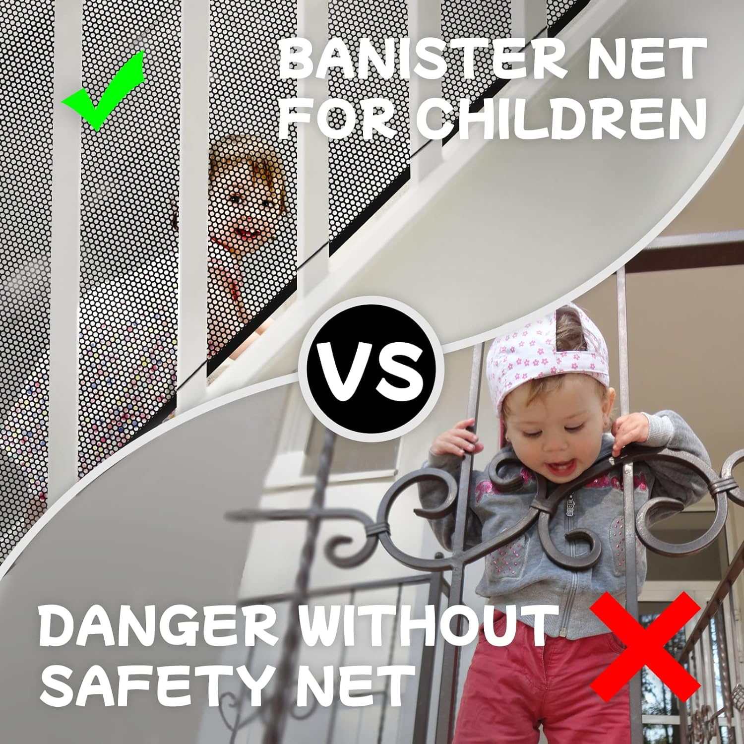 Stair Netting Child Safety Net, Baby Gate for Stairs with No Drilling, Stairway Net, 16.4 Ft L X 2.56 Ft H, Banister Guard, Balcony Banister Stair Net for Child, Small Pet,Toy- Indoor & Outdoor(Black) image number 6