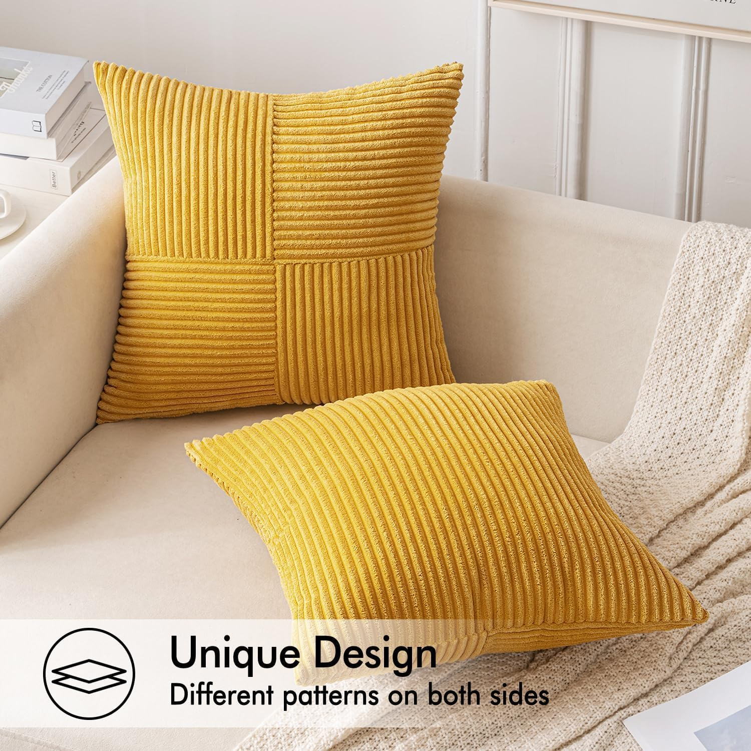 2 Pack Beige Boho Decorative Corduroy Throw Pillow Covers 18X18 Inch Soft Pillow Covers Solid Pillowcases Cross Patchwork Textured Cushion Covers for Living Room Decor Couch Bed Sofa-Yellow image number 5