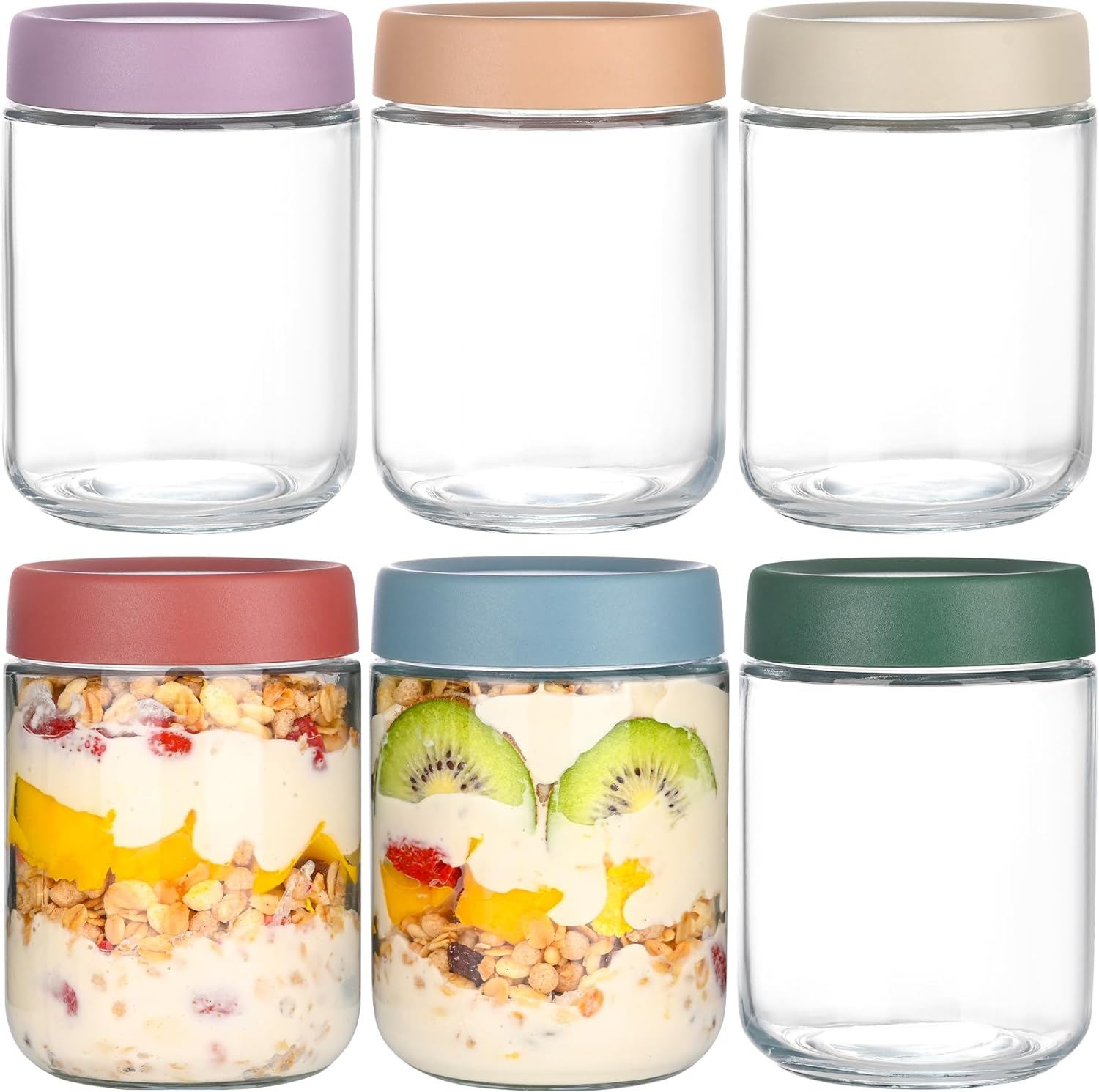 Overnight Oats Containers with Lids 16 Oz Glass Jars with Lids 6 Pack Glass Mason Jars with Airtight Lids, Perfect for Oats, Yogurt, Chia Pudding