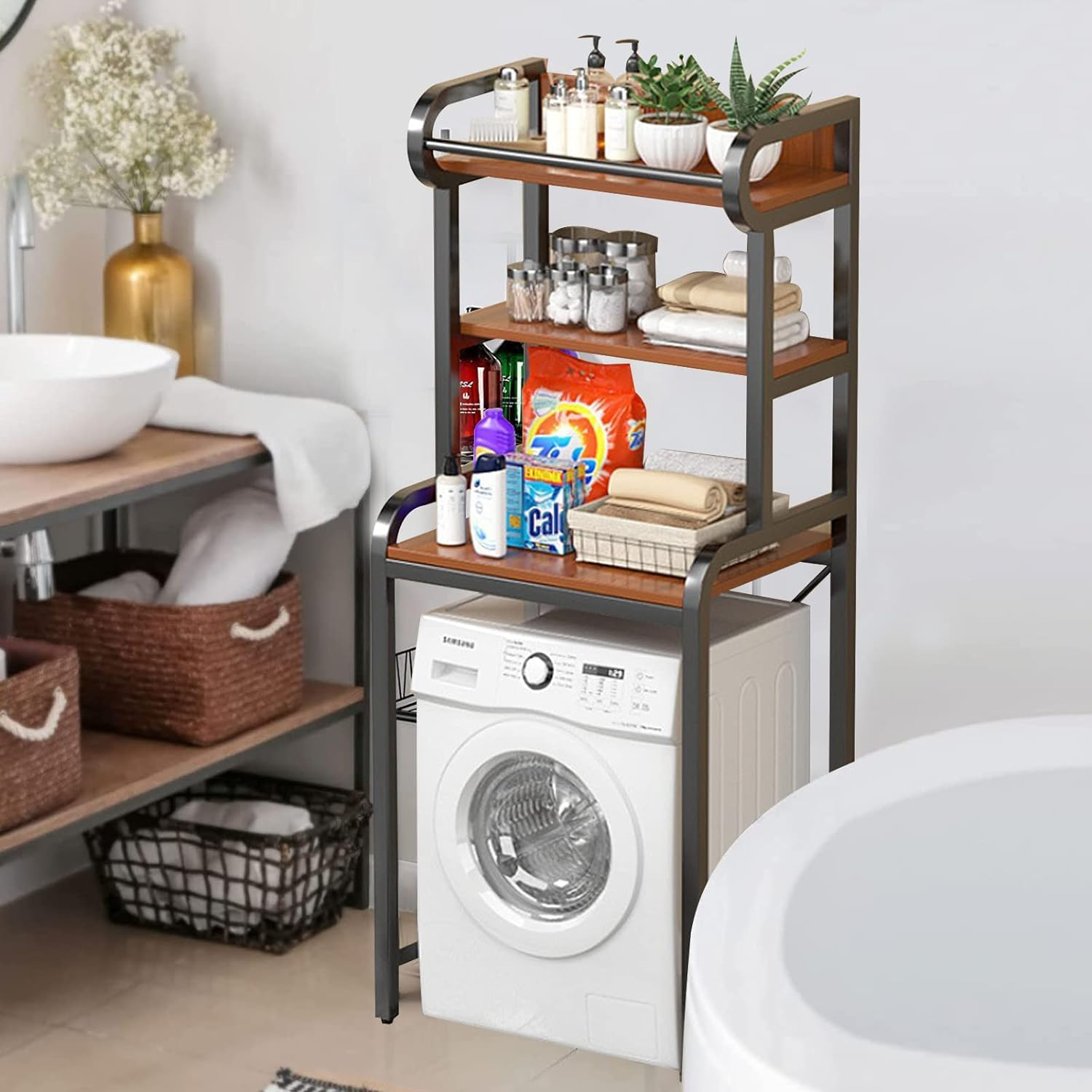 Over the Toilet Storage, 3-Tier Washing Machine Rack, Metal Laundry Shelf, above Washer Dryer Organizer for Bathroom, Balcony Space Saving (Black) image number 4