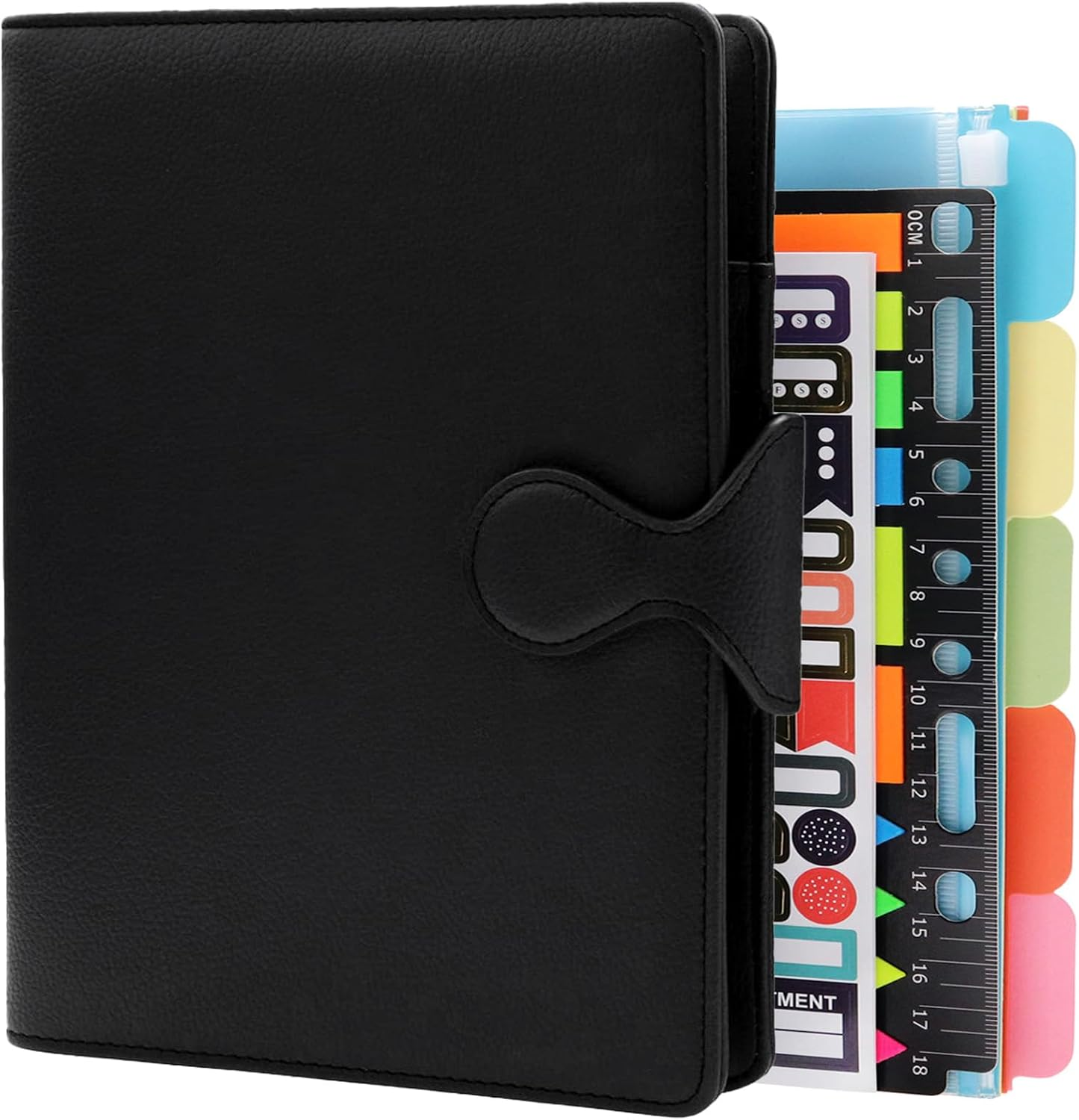HXRTANGS PU Leather Notebook A5, 6-Ring Binder Journal Refillable Business Notebook, Personal Planner Organizer with Pockets/Pen Holder/Accessories/Lined Paper 160 Pages, Black