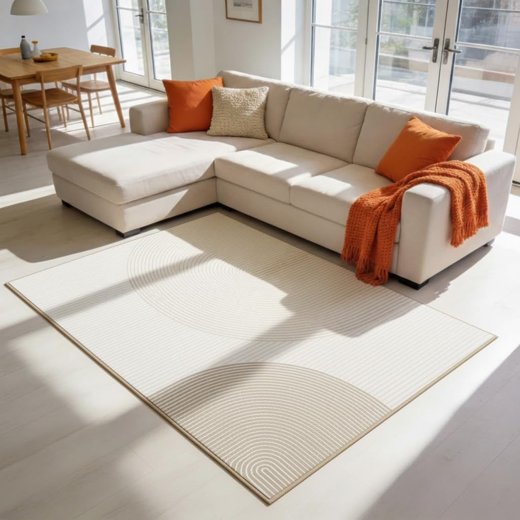 UZU 120X160Cm Machine Washable Area Rug for Living Room and Bedroom Non-Slip Geometric Lines Faux Cashmere Carpet Indoor Large Durable Soft Floor Mat Low Pile Rugs with Anti-Slip Backing - Home Decor