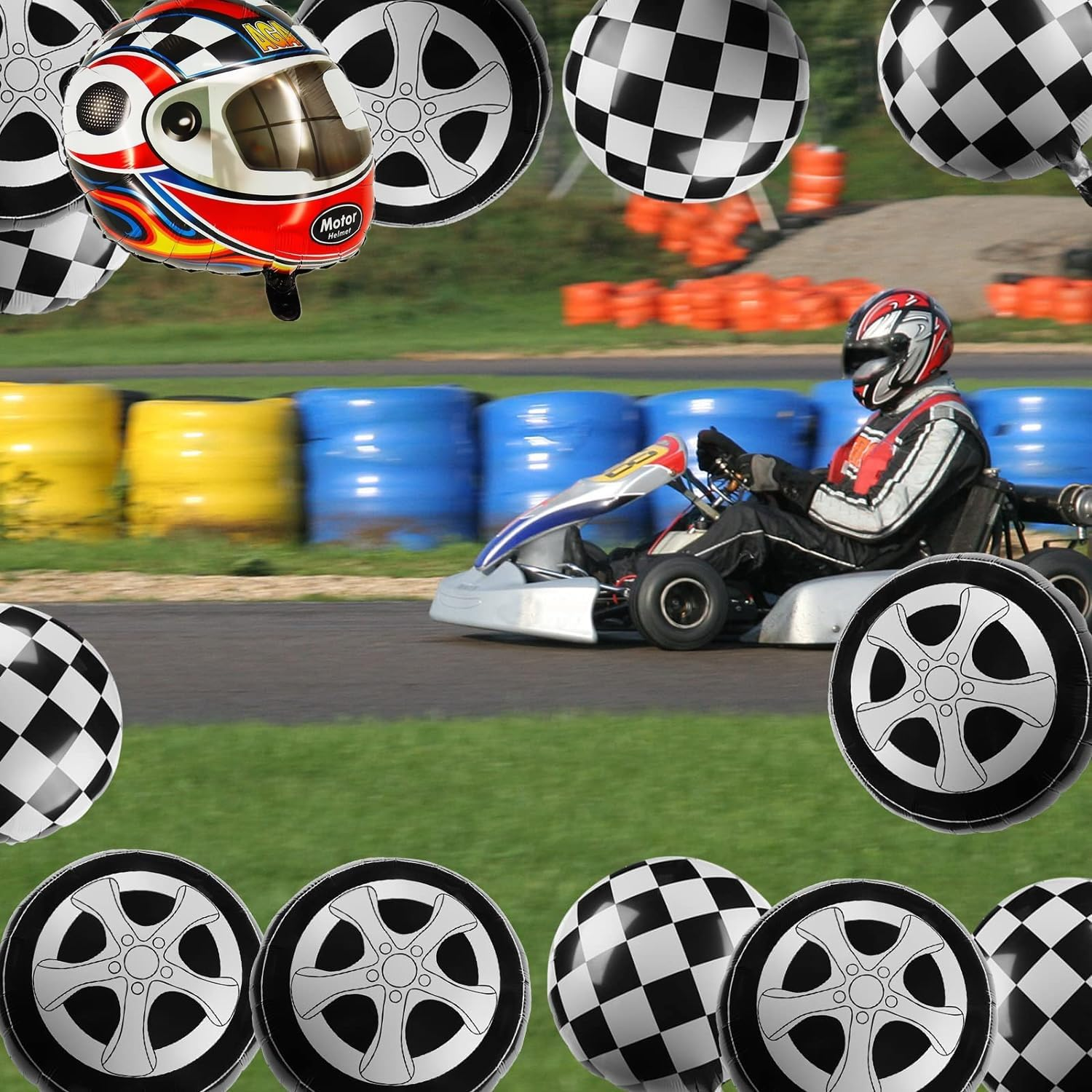 15 Pieces Race Car Balloons, Black and White Checkered Car Tire Balloons Aluminum Foil Checkered Flag Balloons for Racing Theme Birthday Party Decoration Supplies 18 Inch image number 3