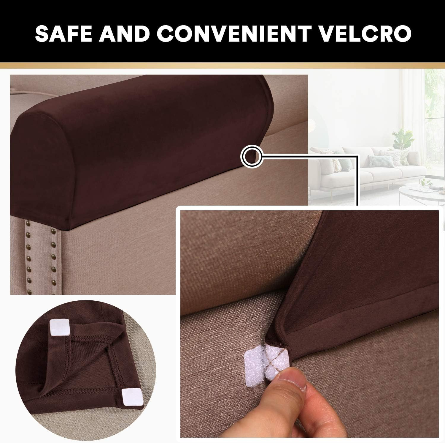 2 Pcs Real Velevt Stretch Armrest Covers Anti-Slip Furniture Protector Soft Velvet Armchair Armrest Cover Slipcovers for Sofa, Brown image number 3