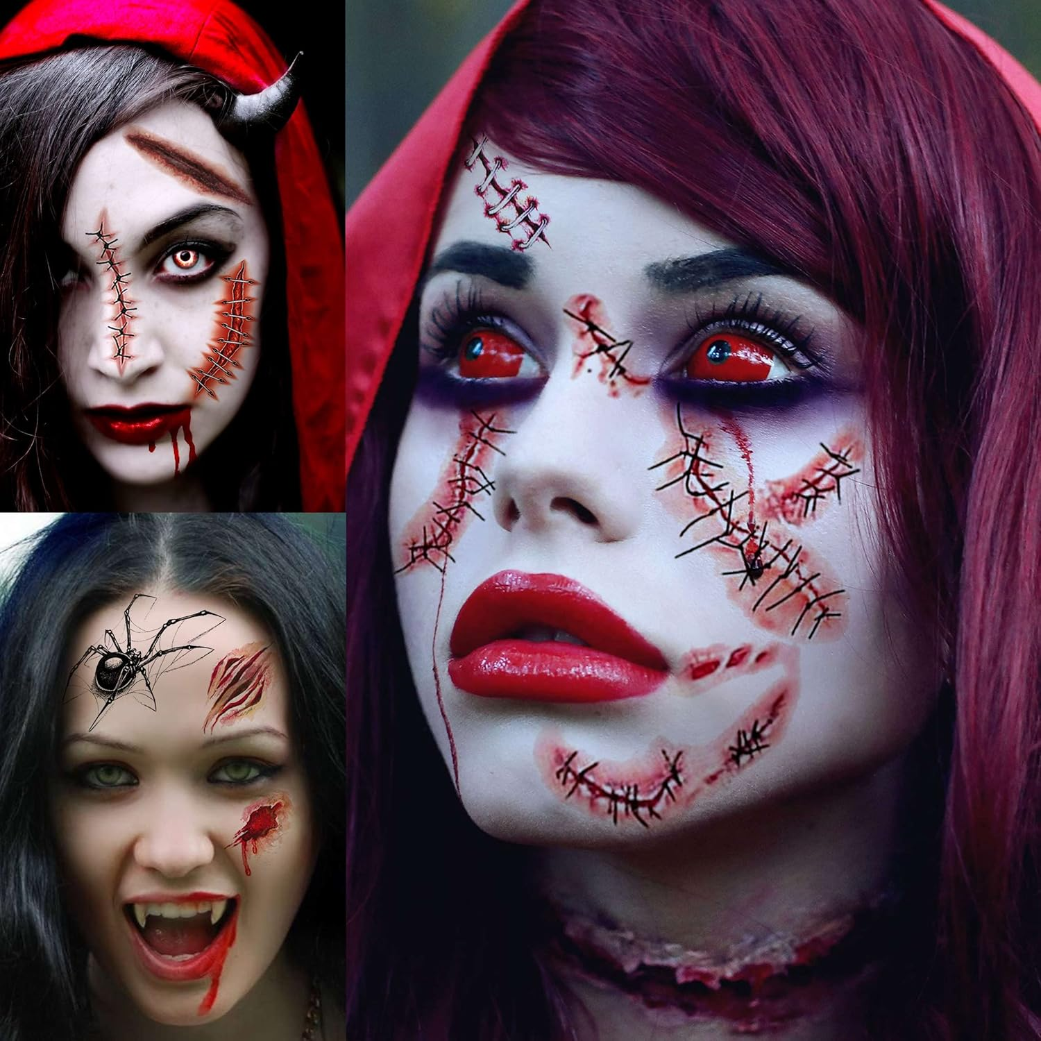 236+ PCS 45 Sheets Halloween Temporary Tattoos for Kids Zombie Makeup Kits 3D Bats Spider Web Witch Small Black Ghost Pumpkin Face Stitches Fake Scar Tattoo Stickers for Women Adult Men Skull image number 2