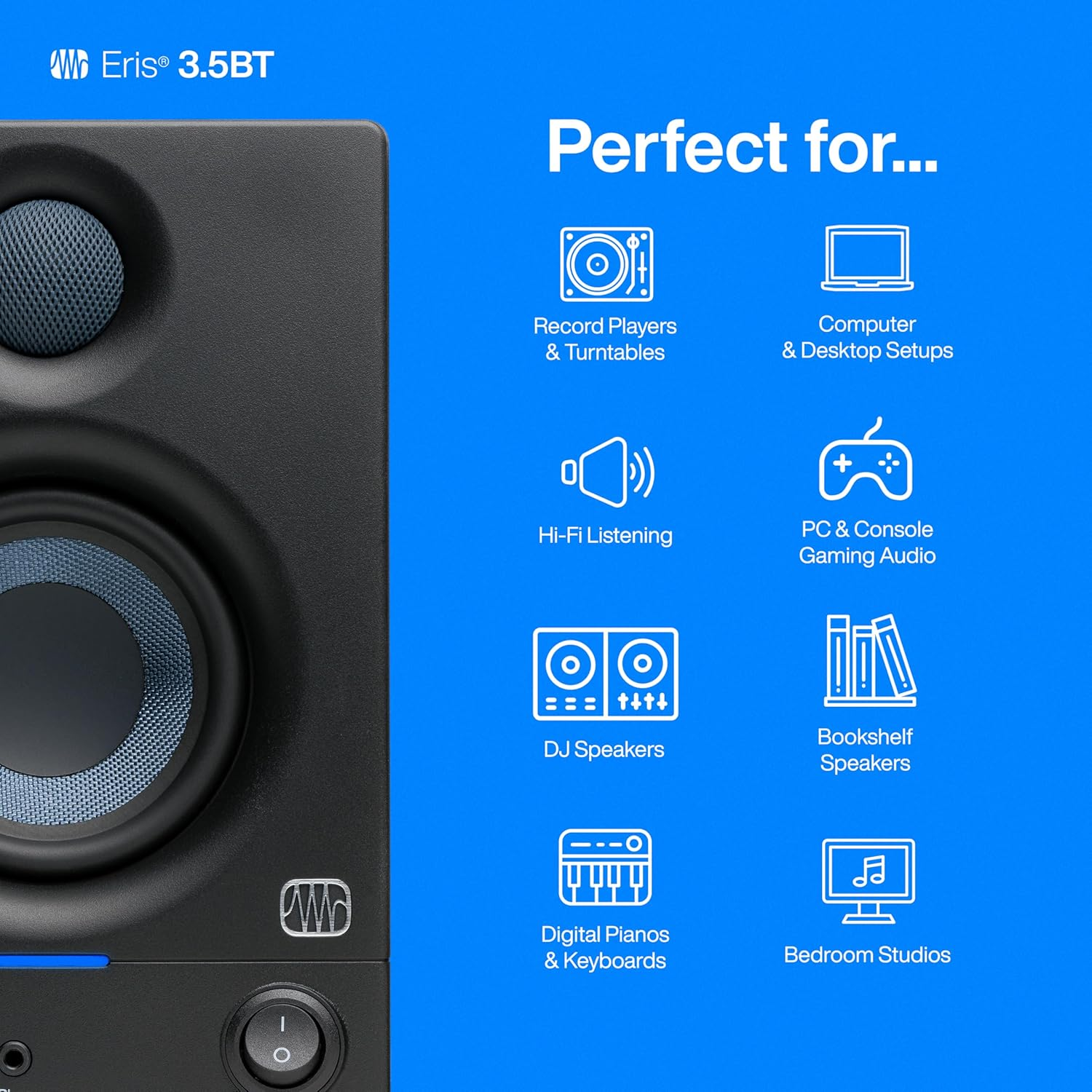 Presonus Eris 3.5BT Bluetooth Studio Monitors, Pair &mdash; Powered, Active Monitor Speakers for Desktop, Turntable, Record Player, Bookshelf, DJ Speakers image number 4