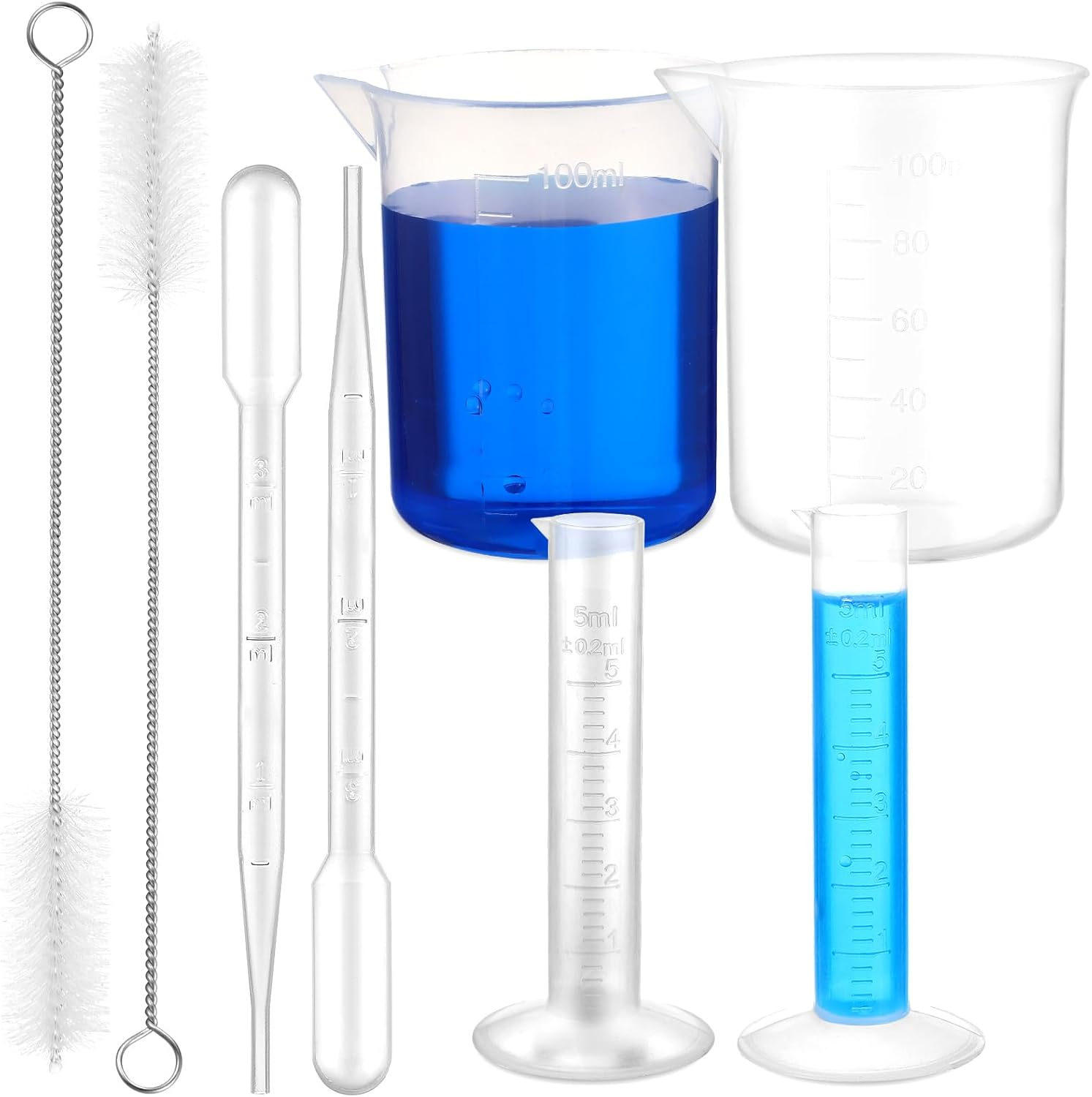 ULTECHNOVO Plastic Measuring Cylinder Beaker Set 5Ml Cylinder 100Ml Beaker 3Ml Pipette with Tube Brush 5Pcs Lab Science Kit for Laboratory Educational Experiments Kids Science image number 4