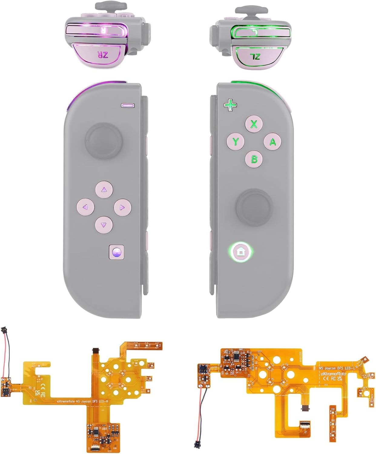 Extremerate 7 Colors 9 Modes NS Joycon DFS LED Kit, Multi-Colors Luminated Chrome Gold Classical Symbols ABXY Trigger Face Buttons for Nintendo Switch & Switch OLED Model Joy-Con - Joycon NOT Included