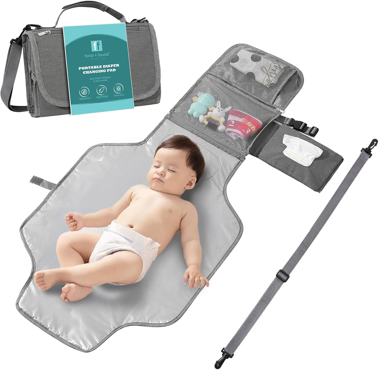 Fond + Found Portable Changing Pad with Shoulder Strap and Wipes Pocket - Waterproof Baby Changing Mat Travel Change Pad for Travel and Home image number 6