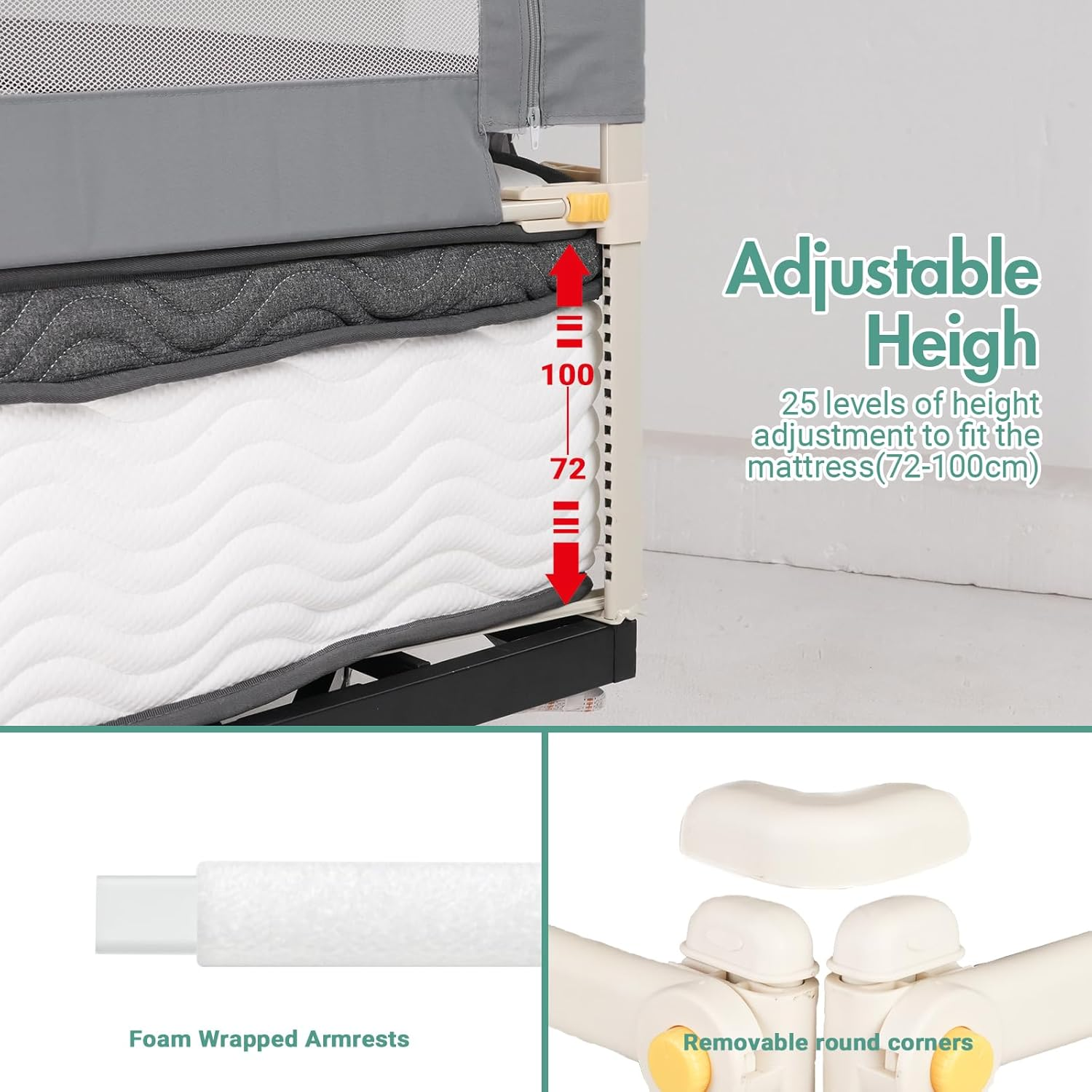 3Pcs Toddler Bed Rail, Cot Fence Barrier Adjustable Height Double Lock Foldable, Bedside Safety Protection Facilities, 179.5X198Cm Grey image number 3