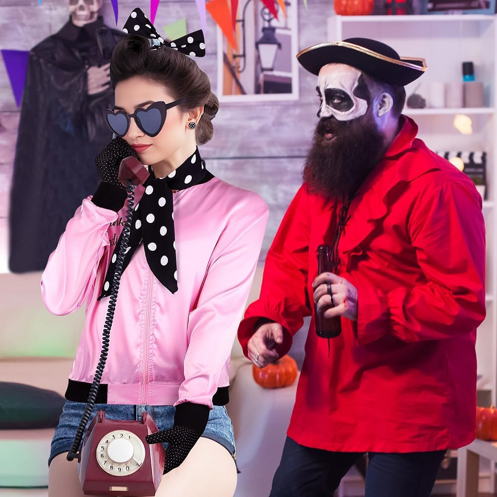 AUTOWT 1950S Pink Ladies Jacket Costume, 11PCS 50S Satin Jacket with Neck Scarf Headband Earrings Cat Eye Glasses Halloween Cosplay Accessories Set for Adults Women Dress up Party Outfit image number 4