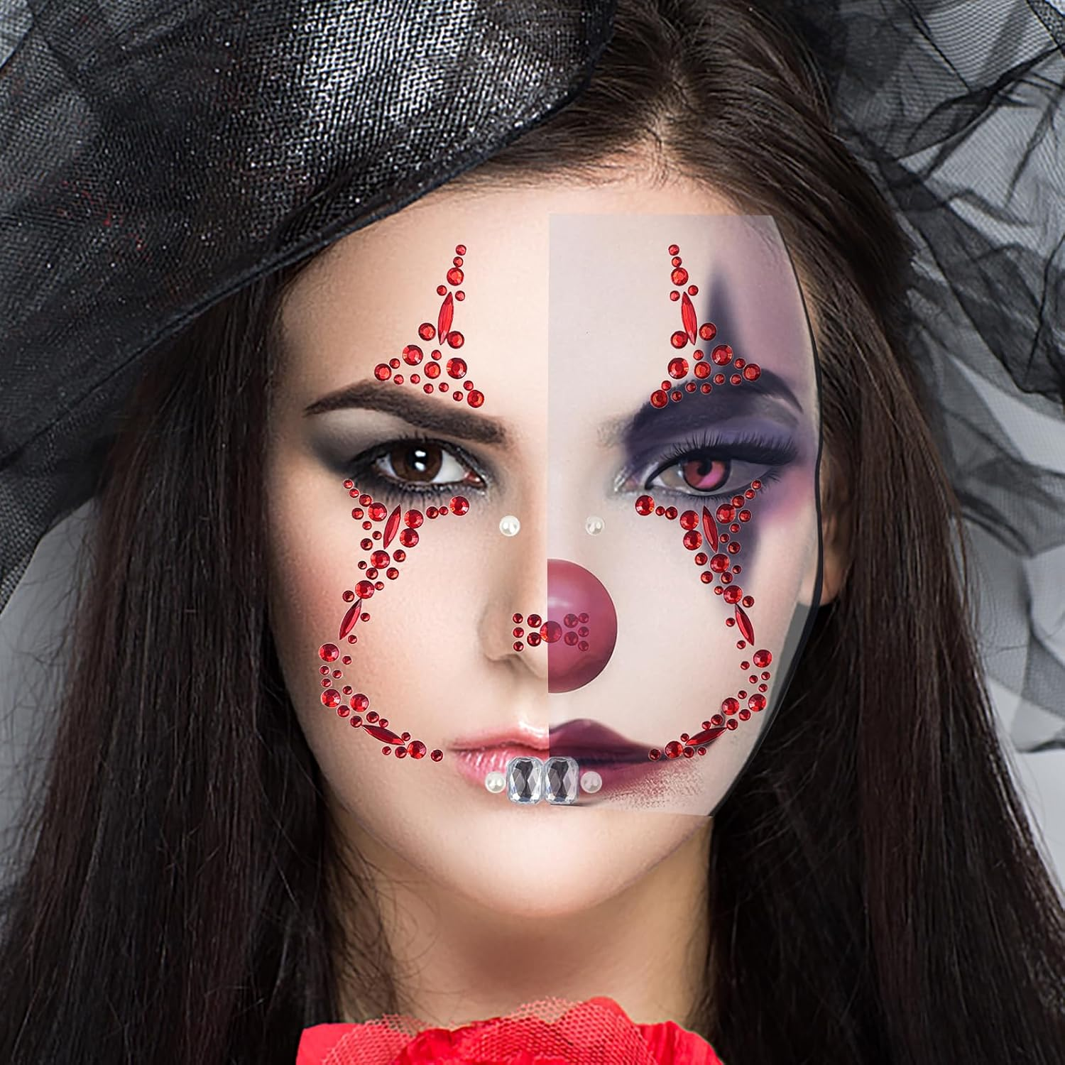 2 Pack Halloween Face Gems Jewels Clown Face Sticker Nun Makeup Tattoo Scary Temporary Rhinestone Face Tattoo for Halloween Festival Rave Party Make up Accessories image number 5