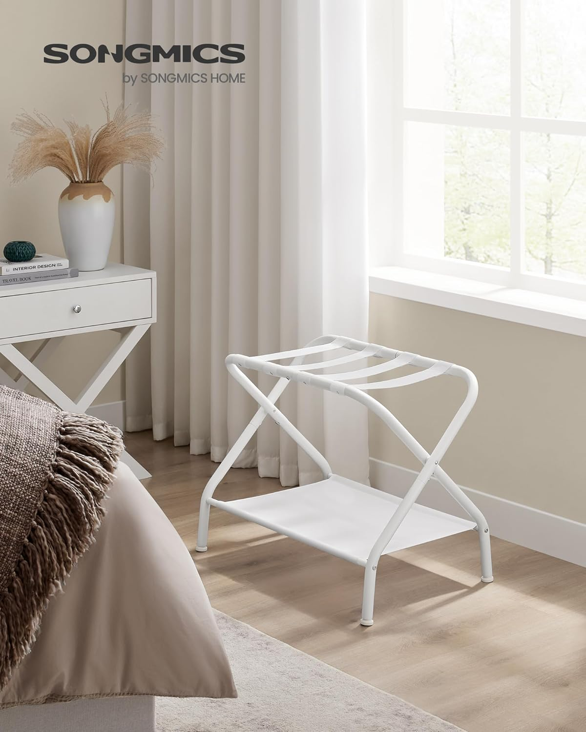 SONGMICS Luggage Racks, Set of 2, Suitcase Stand with Fabric Storage Shelf, for Guest Room, Bedroom, Hotel, Foldable, Holds up to 110 Lb, 27.2 X 15 X 20.5 Inches, Cloud White URLR002W02 - Black image number 6