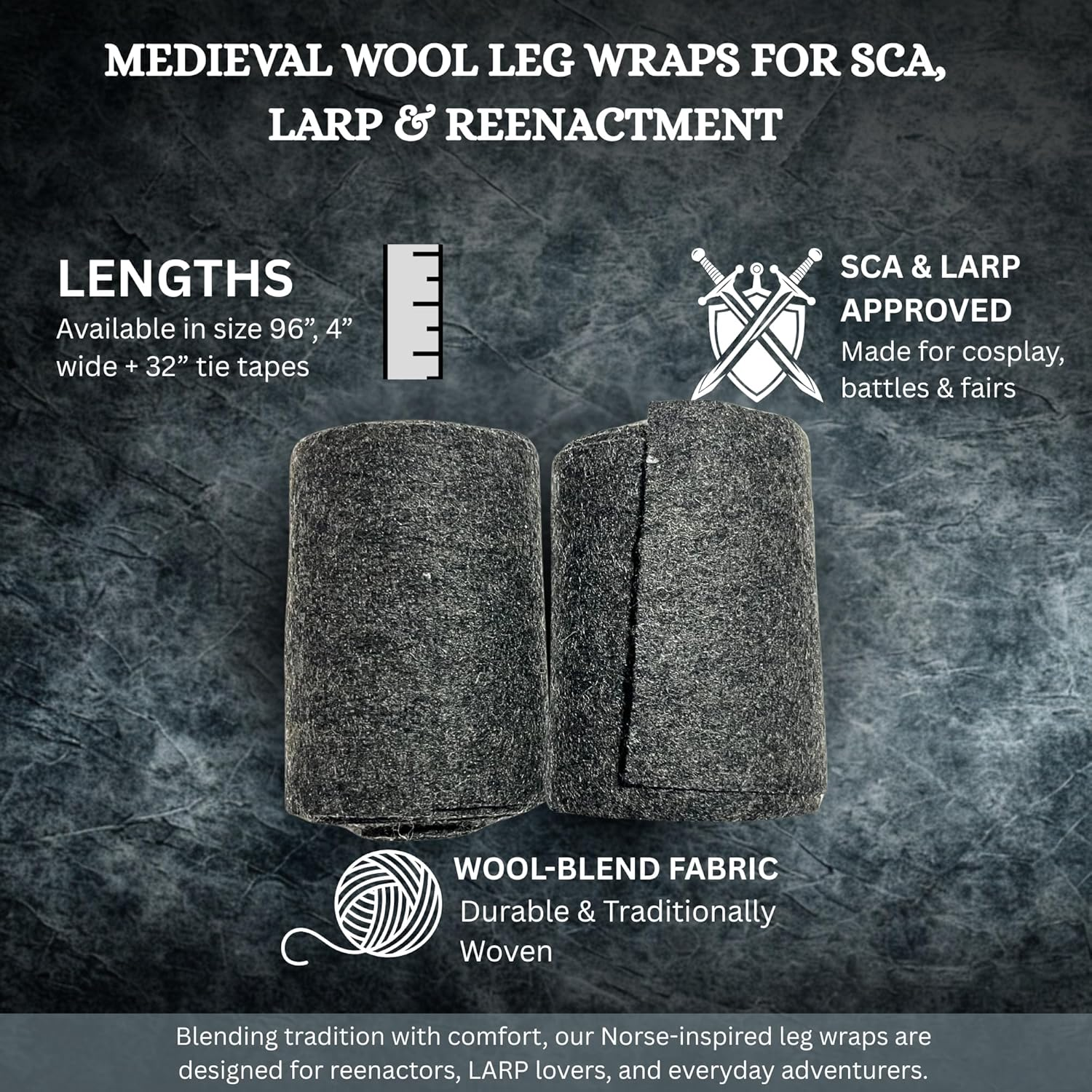 Medieval-Sca-Larp Reenactment Viking Wool Puttees - Grey Color