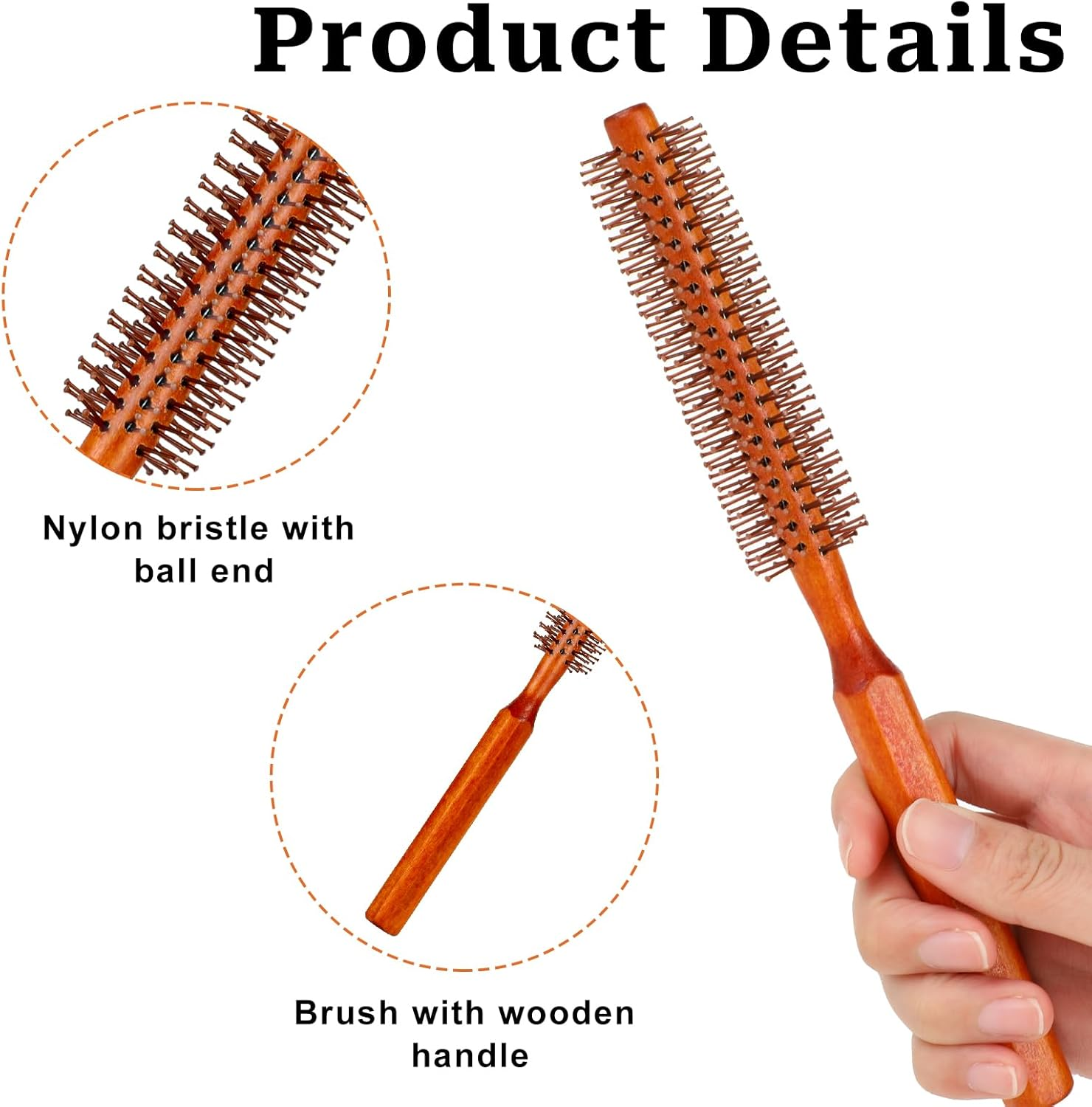 Small round Brush for Blow Drying, Hair Brush with Wooden Handle, Nylon Bristles for Wet Hair, Bangs, Beard, Styling, Lifting, Curling image number 6