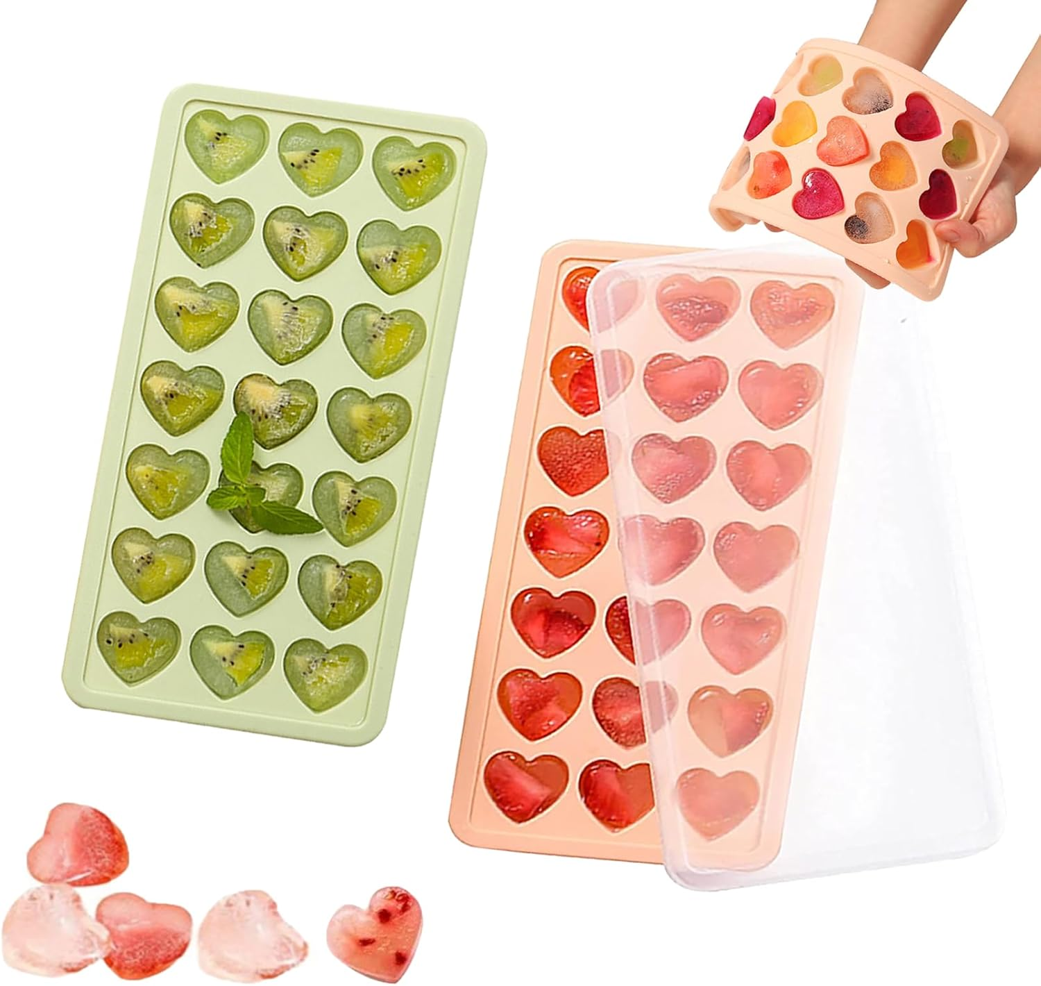 2 Pack Heart-Shaped Ice Cube Trays with Lid and Bin - 48 Holes Silicone Mini Heart Ice Cube Tray, BPA Free and Dishwasher Safe, Fun Shape Ice Cube Mold, Easy to Remove
