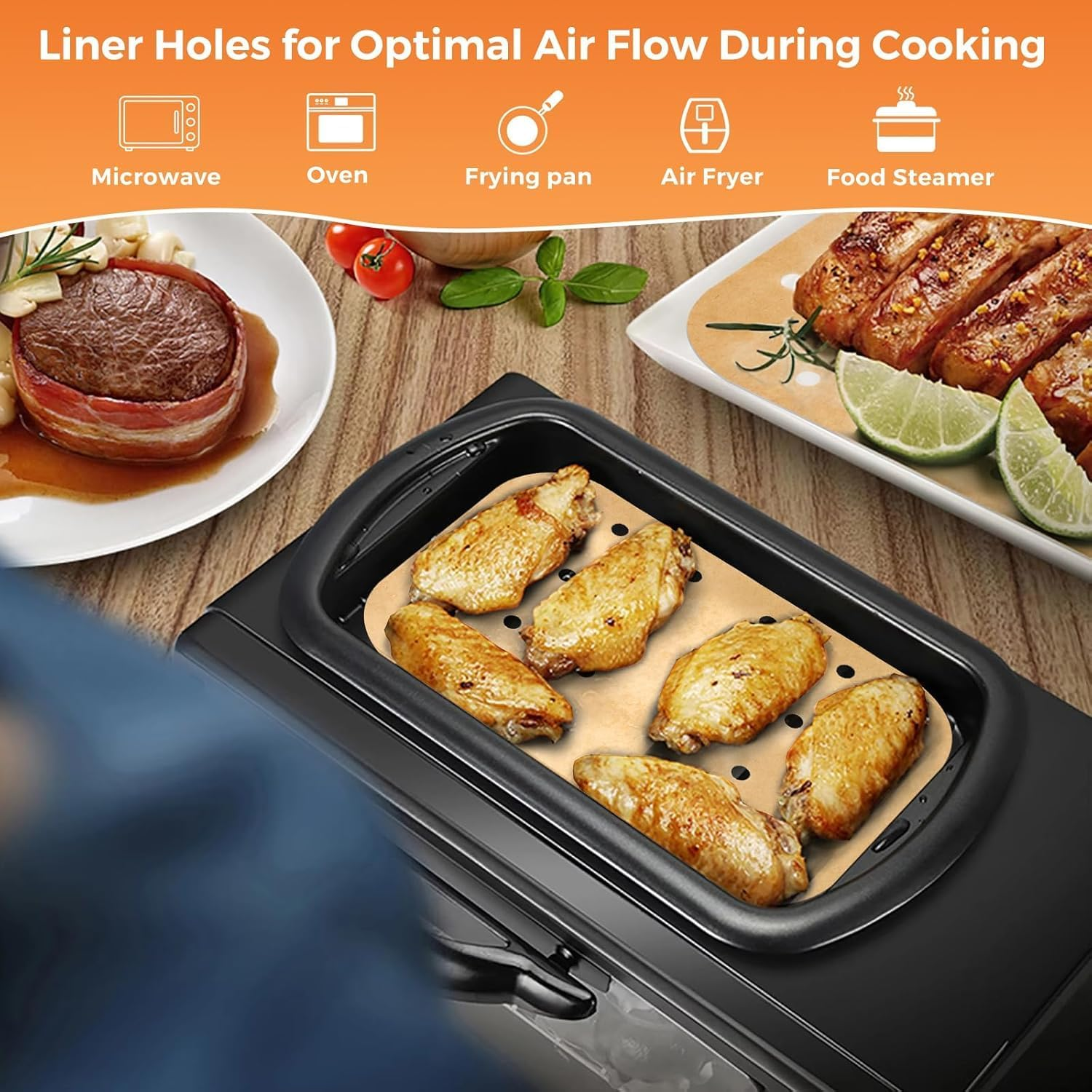 200Pcs Air Fryer Liners,Air Fryer Parchment Disposable Paper Liners for Ninja Foodi Dualzone 2-Basket Air Fryer DZ201 DZ401, Rectangle Non-Stick Perforated Baking Paper Airfryer Liners for Dual Basket image number 1