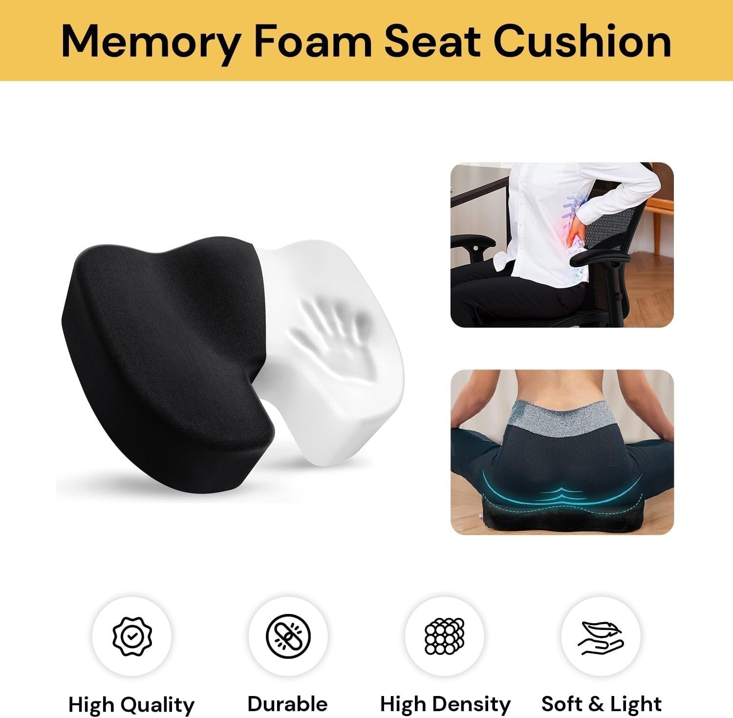 EZONEDEAL Seat Cushion, Desk Chair Cushion, Memory Foam Seat Cushion for Office Chair Cushion, Sciatica Pain Relief Car Seat Cushion for Back Coccyx Tailbone No-Slip Protects - Black image number 2