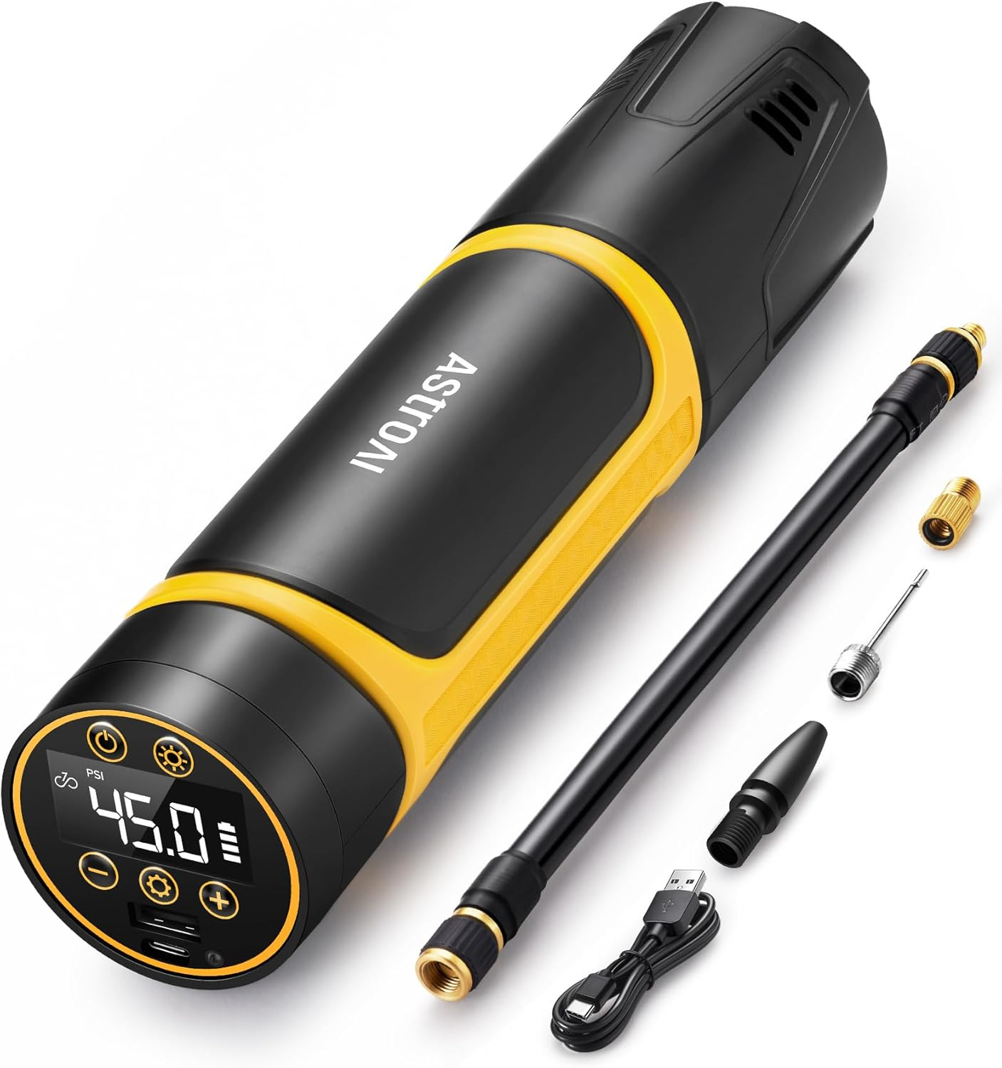 Astroai Portable Electric Bike Pump 150 PSI, Multifunction Tyre Inflator Air Compressor with Digital Pressure Gauge/Ledlight/Powerbank, 4500Mah Rechargeable Tyre Pump for Bike, Motorbike, Car, Ball image number 3
