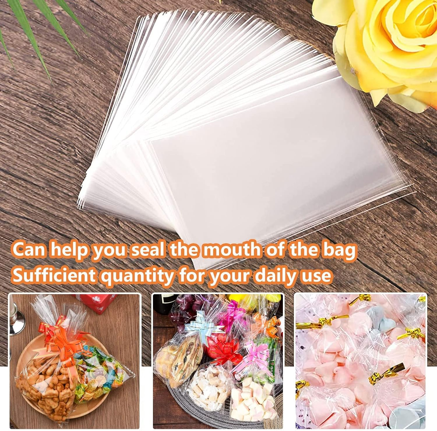 Transparent Cellophane Bag, 100 Pcs Cellophane Treat Bags with Twist Ties and Bows, Plastic Transparent Bags for Favor Candy Cookies (23Cm X 12.5Cm /9 * 4.9 Inches) image number 4