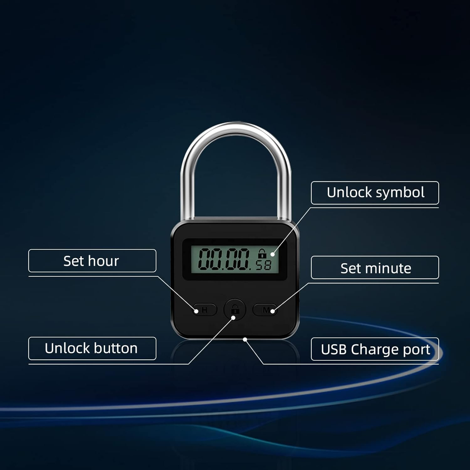 Combination Lock,Metal Timer Lock,Usb Rechargeable Time Timer Padlock with 1M Spring Rope,99 Hours Max Timing Self-Discipline Anti-Addiction Timed Padlock (Black) - Sliver image number 4
