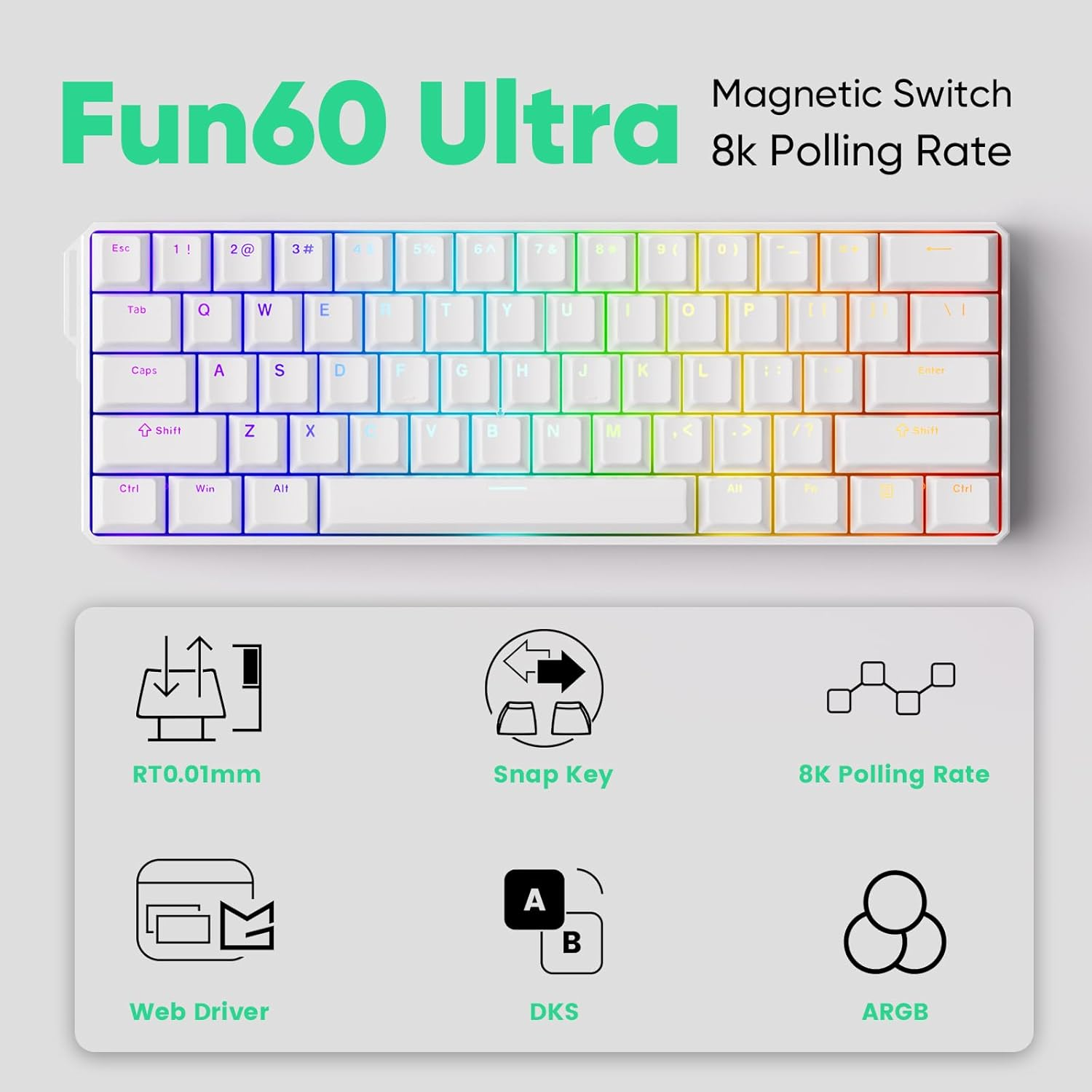 MONSGEEK FUN60 Ultra Rapid Trigger Gaming Keyboard 8K Magnetic Switch TMR Aluminum Wired Keyboard 60% White Shine-Through Magmech, Glare Magnetic Switch image number 2