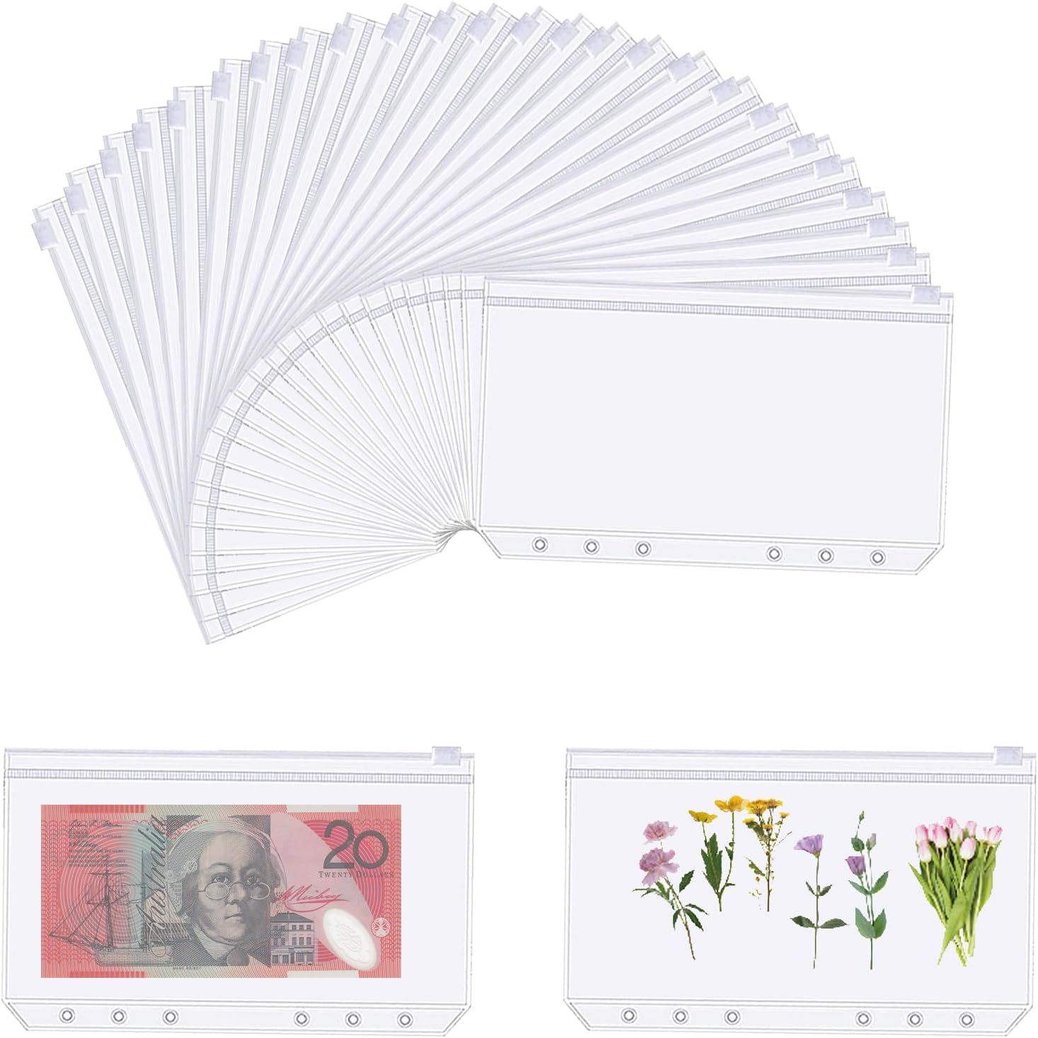 25Pcs A6 Binder Pockets, Betterjonny 6 Holes Zipper Cash Envelopes Clear Pouch Folders Waterproof PVC Document Pouch Filing Bags for 6-Ring Budget Binder Notebook Loose Leaf image number 4