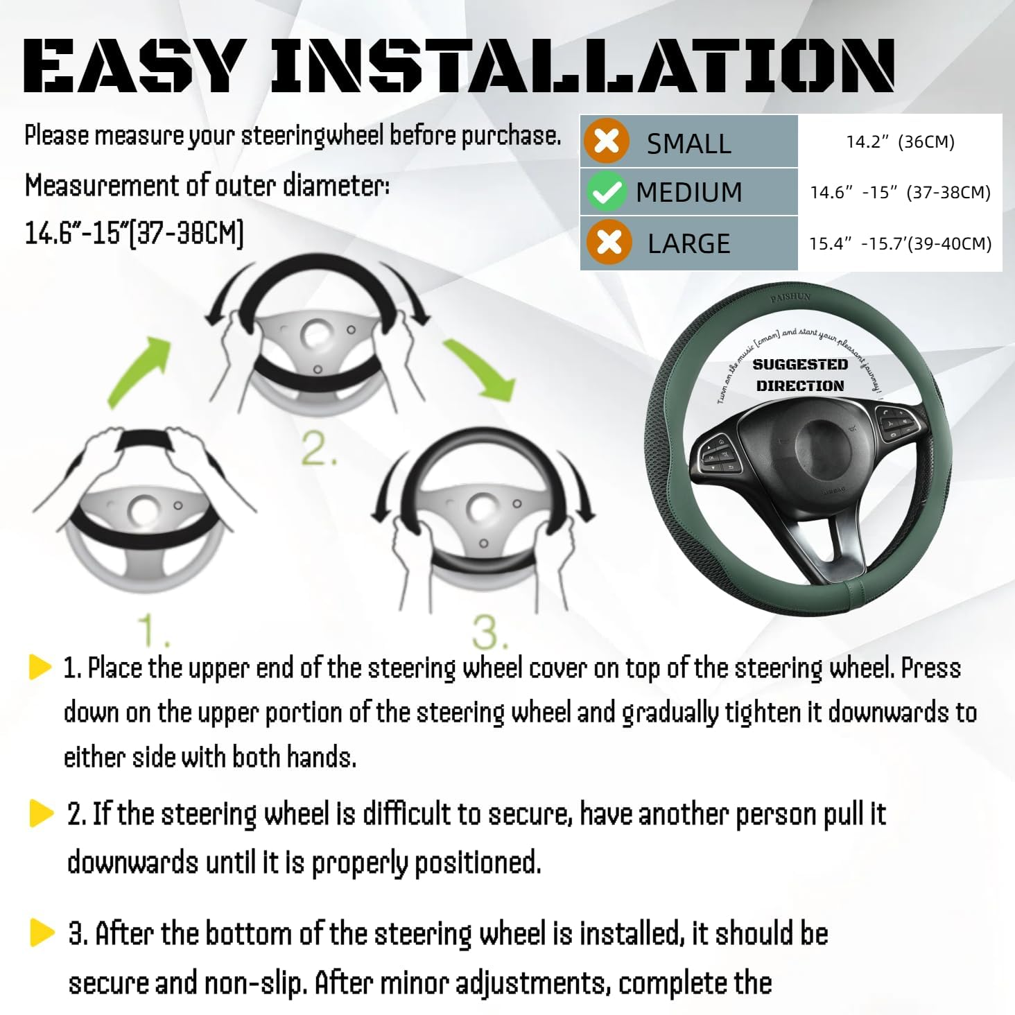 Car Steering Wheel Cover, Universal 15 Inch, Microfiber Leather, Breathable, Anti-Slip,Warm in Winter and Cool in Summer - Black image number 2