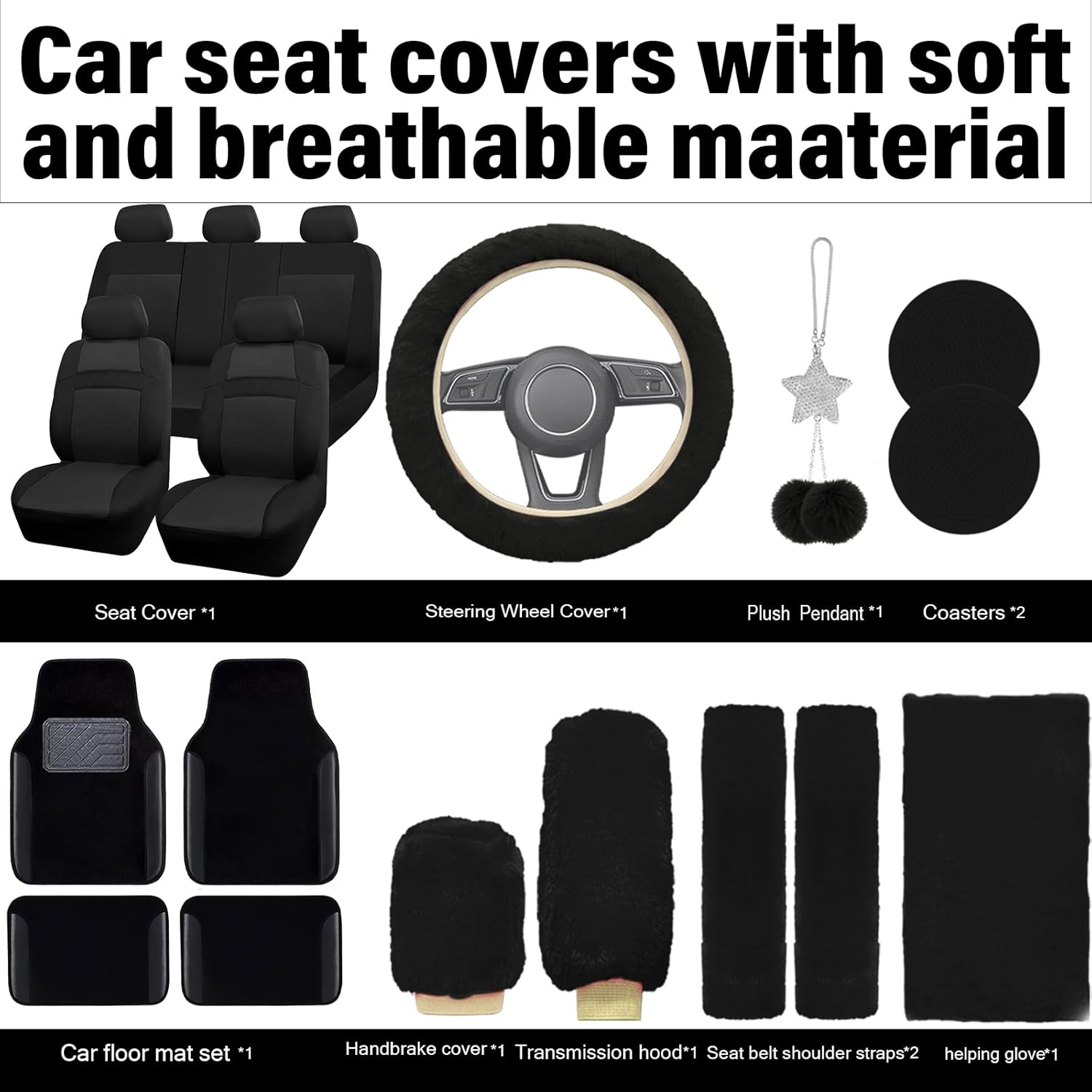 Car Seat Cover Full Set for Women with Waterproof Floor Mats,3D Air Mesh Car Seat Cover with 5Mm Composite Sponge Inside,Universal Fluffy Steering Wheel Cover, Accessories Full(Black) - Black image number 2