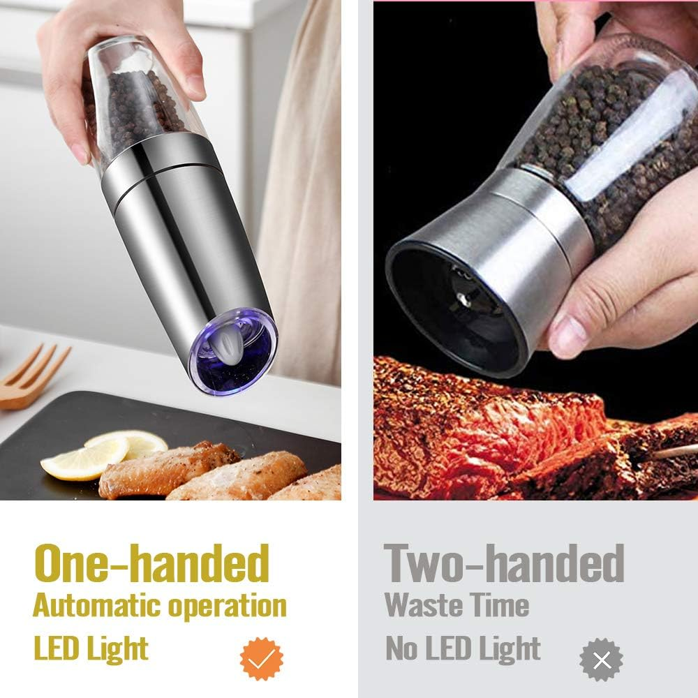 AVNICUD Electric Salt and Pepper Grinder, Automatic Pepper Mill, Gravity Salt Grinder, Battery-Operated with Adjustable Coarseness, LED Light, One Hand Operated (Silver 2Pack) image number 3