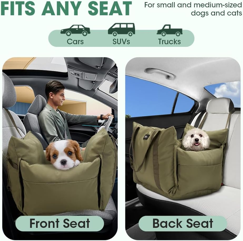 3-In-1 Dog Car Seats for Small Dogs Cats, Waterproof Portable Dog Booster Car Seat with Side Pocket, Clip-On Safety Leash, Hand Held Shoulder Carrier, Soft Pet Travel Seats for Puppy, Green image number 1