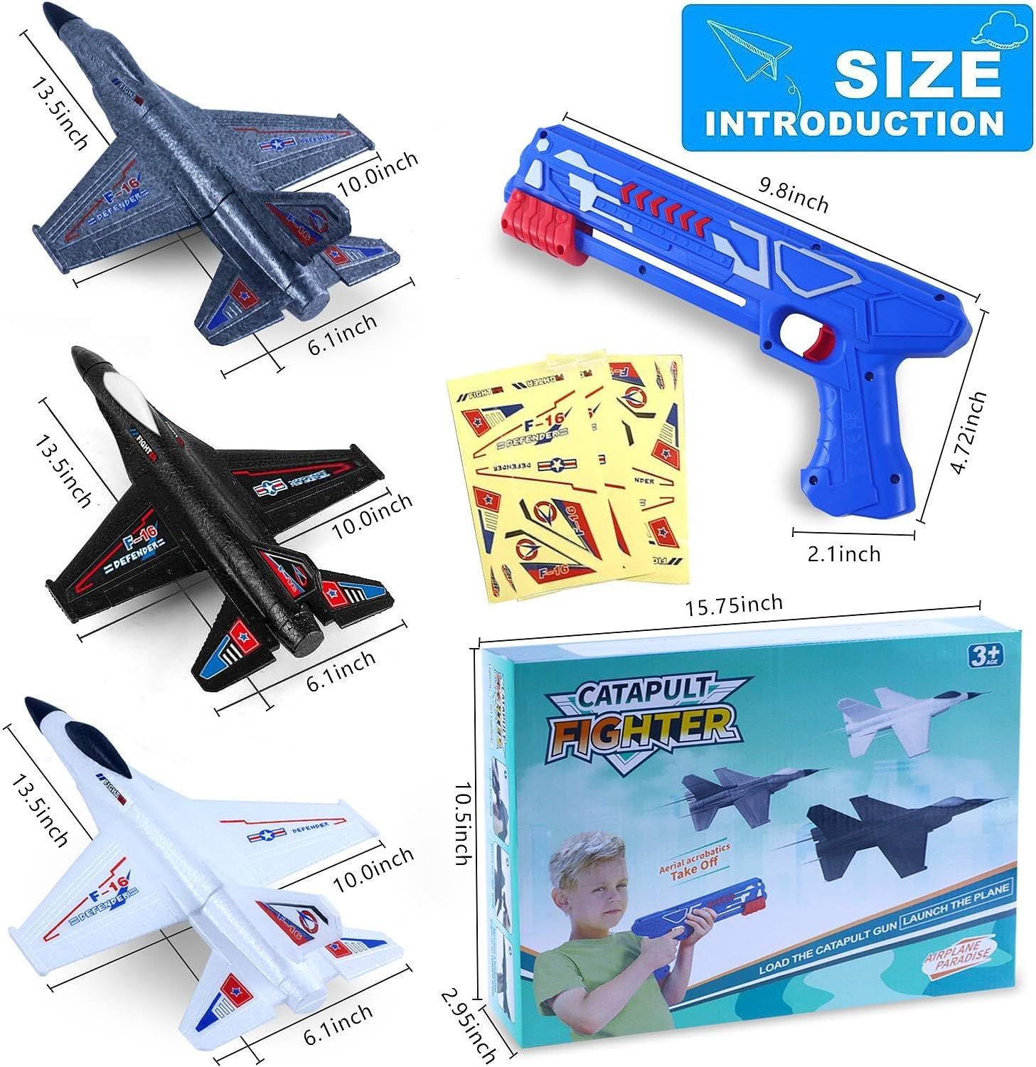 4 Pack Airplane Launcher Toy, Foam Throwing Glider Plane with Catapult Gun Game and Big 3Pcs 34CM F-16 Plane, Outdoor Sports Flying Gadget 3 4 5 6 7 8 9 10+ Years Old Boys Girls Xmas Birthday Gifts