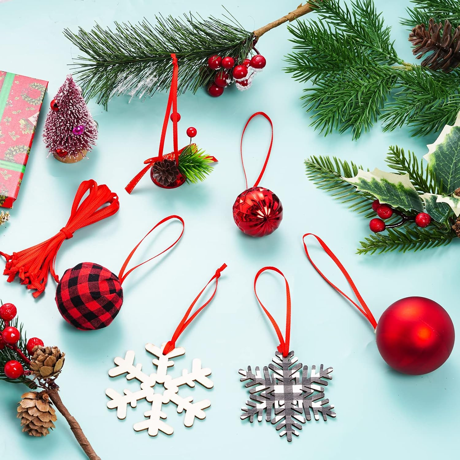 100 Pcs Red Christmas Ornament Ribbon, Polyester Fiber, 11X0.12 Inches, 100 Count, Christmas Hanging Ornaments - Green image number 2